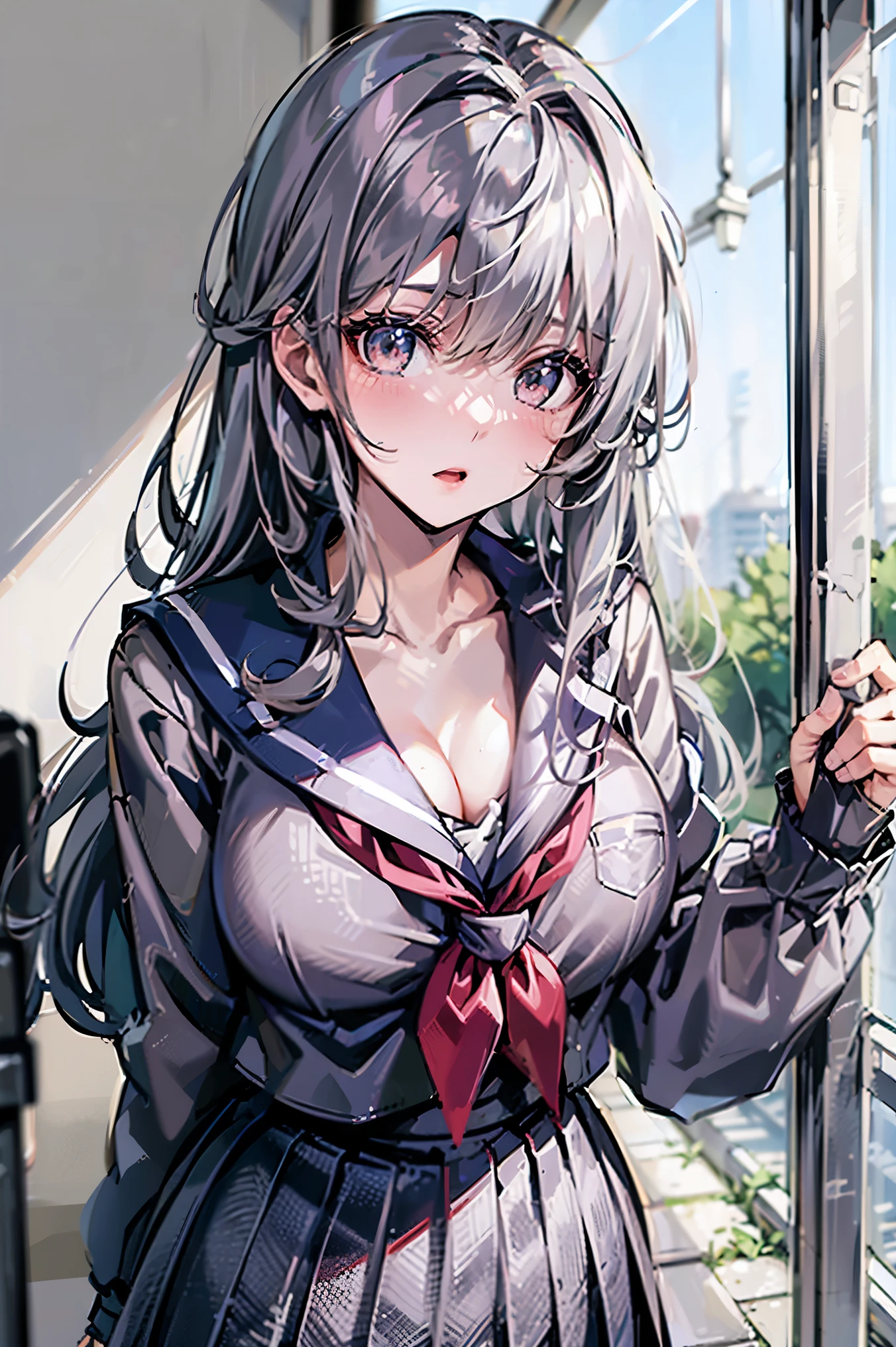 Japanese、Model、Big Breasts、Gray Hair、 long hair、 school uniform、 shows shoulders、 cleavage visible