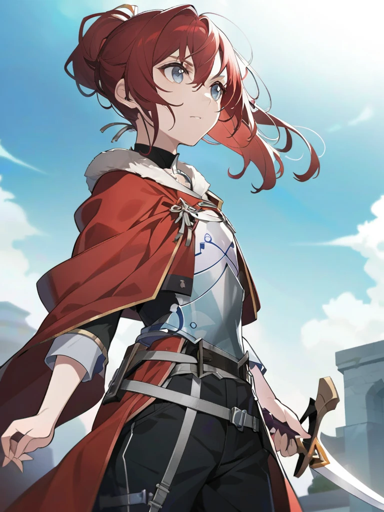 Anime girl with red hair and a red cloak and holding a sword, Female protagonist 👀 :8, Kshat Garland key art feminine,  ayaka genjin impact , Female protagonist,  Official Character Art , With a sword on his shoulder, from arknights,  Official Art, Ayaka Game Genshin Impact ,  Clear and Vivid RPG Portraits, Kshat Garland