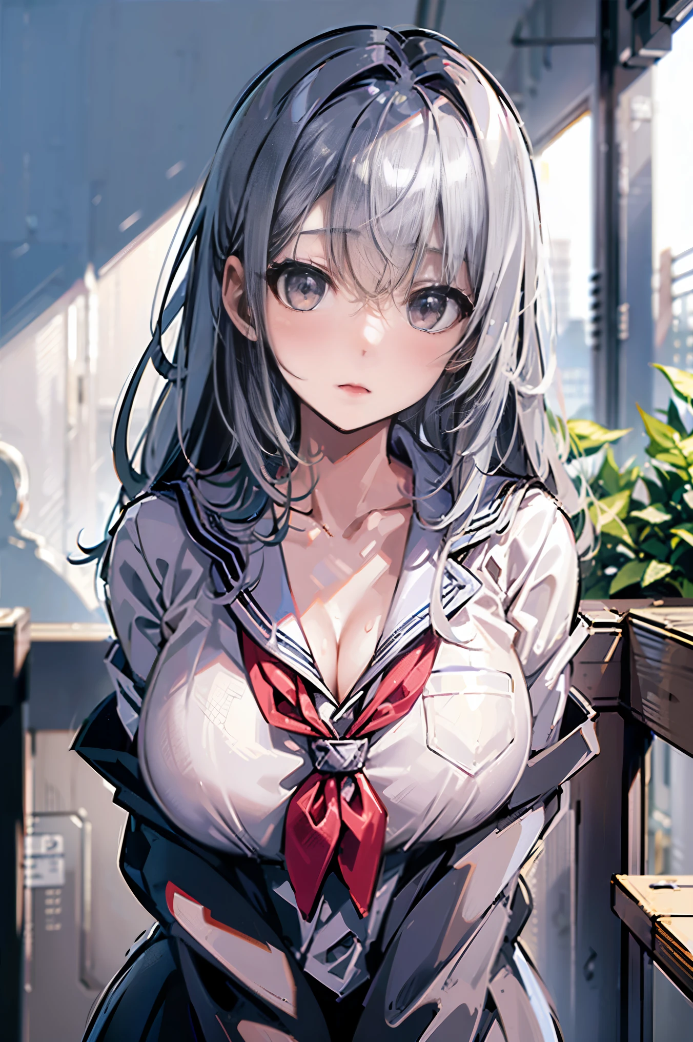 Japanese、Model、Big Breasts、Gray Hair、 long hair、 school uniform、 shows shoulders、 cleavage visible