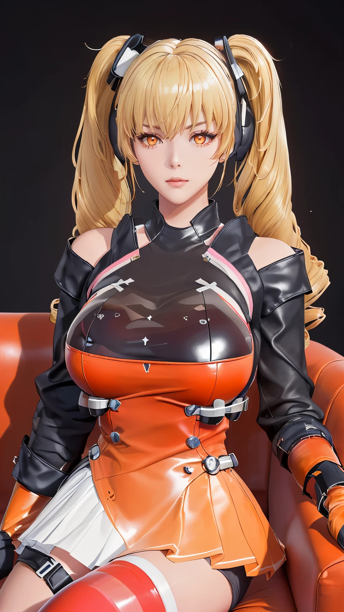 (（（figure，御姐figure,White and tender skin,（（（FenNib , long_sleeves_skirt, red_single_thighhigh, thigh_holster, elbow_gloves, strap, ）））,(（（twintails, Blonde_hair, orange_eyes,））),，((masterpiece)), highres icon,((Best quality at best)),masterpiece,quality,Best quality,(（（  is open to the audience,Light in the eyes，）））， huge ,A girl,  with mechanical cat headphones，Sitting on a pink sofa ）））