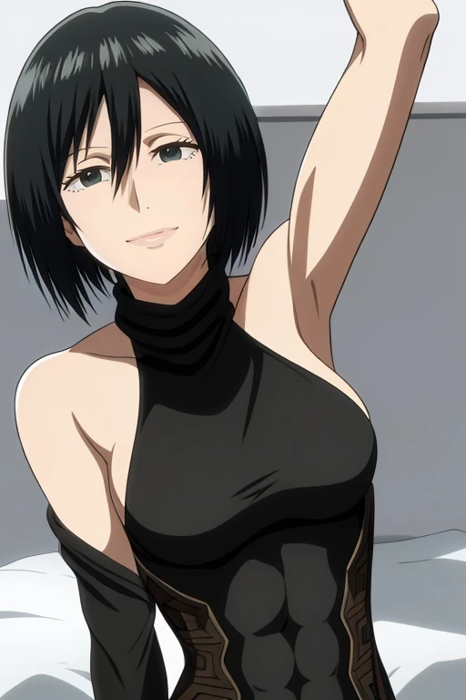 masterpiece, best quality, high quality, absurdres, indoors, Mai, turtleneck, sleeveless, put your hands behind your head, armpits, armpits visible, sweaty armpits, smile, very small breasts