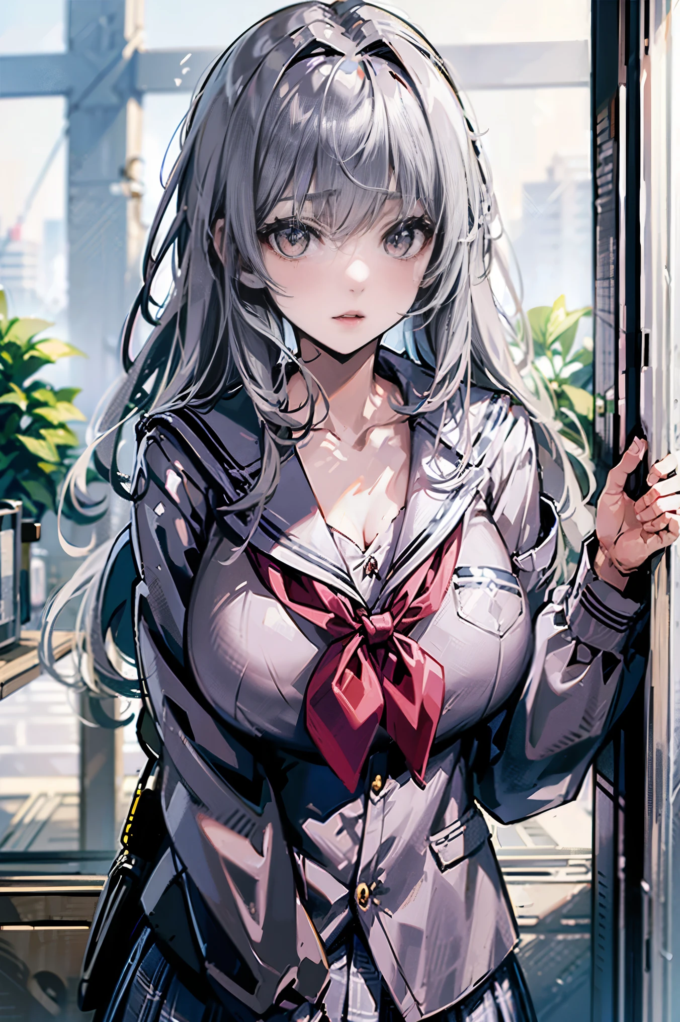 Japanese、Model、Big Breasts、Gray Hair、 long hair、 school uniform、 shows shoulders、 cleavage visible