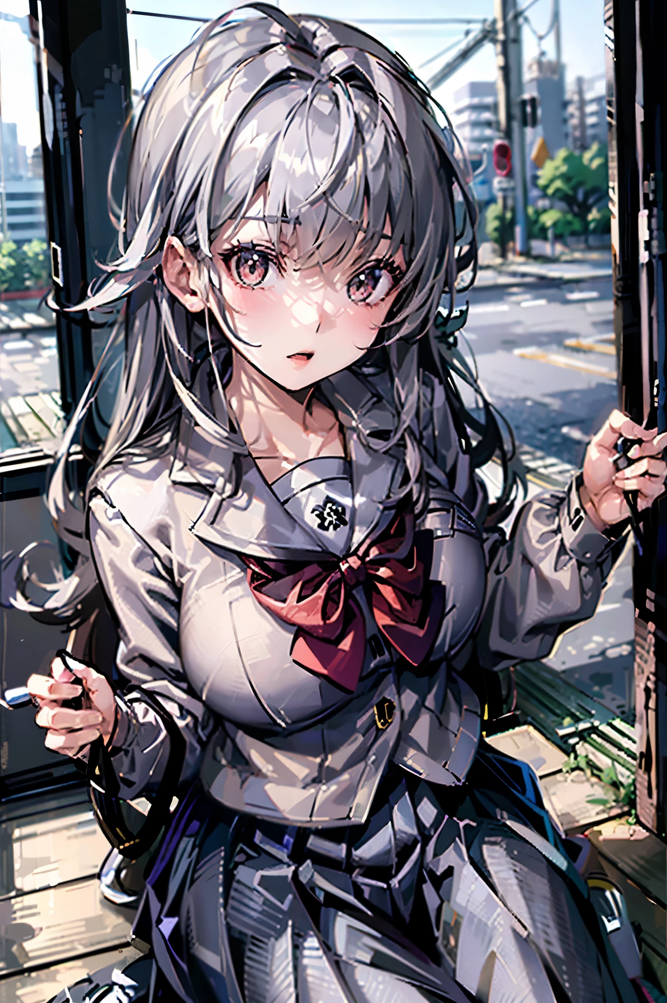 Japanese、Model、Big Breasts、Gray Hair、 long hair、 school uniform、 shows shoulders、 cleavage visible