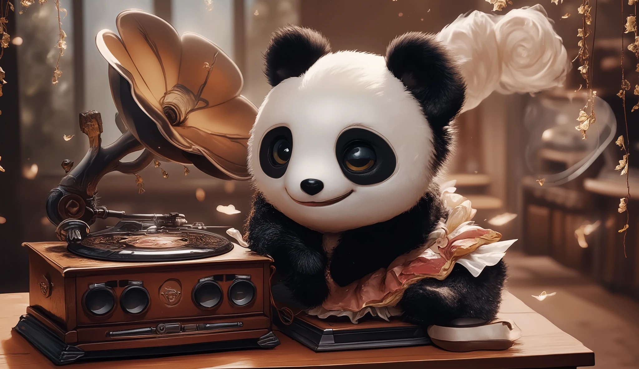 there  is an old record player near  a big panda bear wearing ballet tutu dress and ballet shoes dancing 