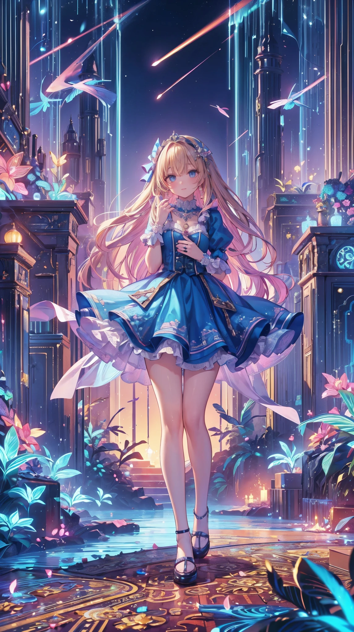 full body view 、 The composition from head to toe 、 photorealistic , (masterpiece,HigheSt questionuality:1.4),(8k,RAW photos, photorealistic :1.2), Not safe at work , detailed skin, face detail , The platters , princess your ,alice in wonderland, cute face, super resolution, Retro realistic detailed illustration,,{{{exotic , complicou , Wonderful,delicately, Extraordinary , Scrupulous ,point, Incredibly , obsessed ,craftsman'S,subtle,Celebrities,skillful, vivacious, Vivid , Complex}}}, clearly focused edges , fresh natural gradation , HigheSt questionuality, Wonderful品質, so beautiful, Absurd, Tristeza de pub, ((yellow, checkers board , ruffles, yellow layered, mini-skirt,superimposed skirt )), ((White ruffles Apron)),((Shiny wavy hair in front of the station )), crown, boots, , dress, (((jumping))), Please, lift your legs , (ruffles Shirt), ゴシック dress, headband , short sleeve, bow hair, happy, ;p, Medium bob, (blonde), (( wavy hair in front of the station )), Shimmering eyeS, blue eyes, ((yellow headband )),(((White ruffles pantieS))), (((Flip skirt))), laughter, , dress, Alice (alice in wonderland), (Cape), White ruffles legwear, ((yellow the Bow)), puffy sleeves, proibições, short sleeve, ((yellow bow ribbon)), long hair , (White ruffles apron), ((( tiara ))), ((( Legwear Ruffle Branco ))). White ruffles legwear, ruffles, yellow ゴシック dress,: question, (( heart necklace )), ((ring)), masterpiece, HigheSt questionuality, Not safe at work , , , 14, braided bangs, brace arm, baby face ,Eyes shine, flat chest, It has been ,It has been ,pastel color,( Wonderland Garden :1.3),imagine, ((Soap bubble)), heart background , (watercolor),