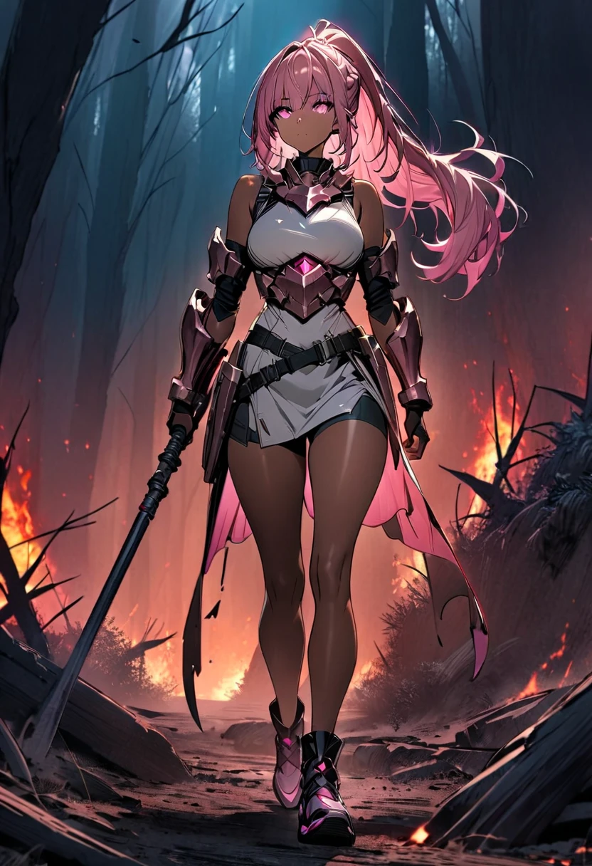 Red hair, Dress, Skintight clothing, seductive pose, large breasts, skinny, Sexy, revealing outfit, Create a full-body shot of a female character with long hair and a white streak on one side. She has large, expressive yellow eyes and pointed elf-like ears, and her expression should be one of surprise or curiosity. The background should be a forest setting with green trees and a natural ambiance, making the image suitable for an iPhone wallpaper