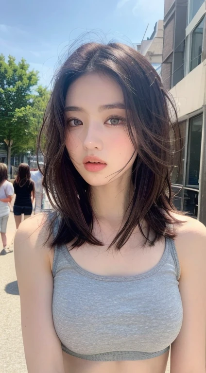 ((Best quality, 8k, Masterpiece :1.3)), Sharp focus :1.2, Perfect Body Beauty:1.4, Slim Abs:1.2, ((Layered hairstyle:1.2)), (Tank top shirt:1.1 ), (Street:1.2), Highly detailed face and skin texture, Detailed eyes, Double eyelids, off-the-shoulder top,