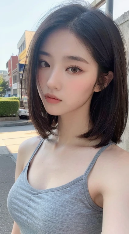 ((Best quality, 8k, Masterpiece :1.3)), Sharp focus :1.2, Perfect Body Beauty:1.4, Slim Abs:1.2, ((Layered hairstyle:1.2)), (Tank top shirt:1.1 ), (Street:1.2), Highly detailed face and skin texture, Detailed eyes, Double eyelids, off-the-shoulder top,