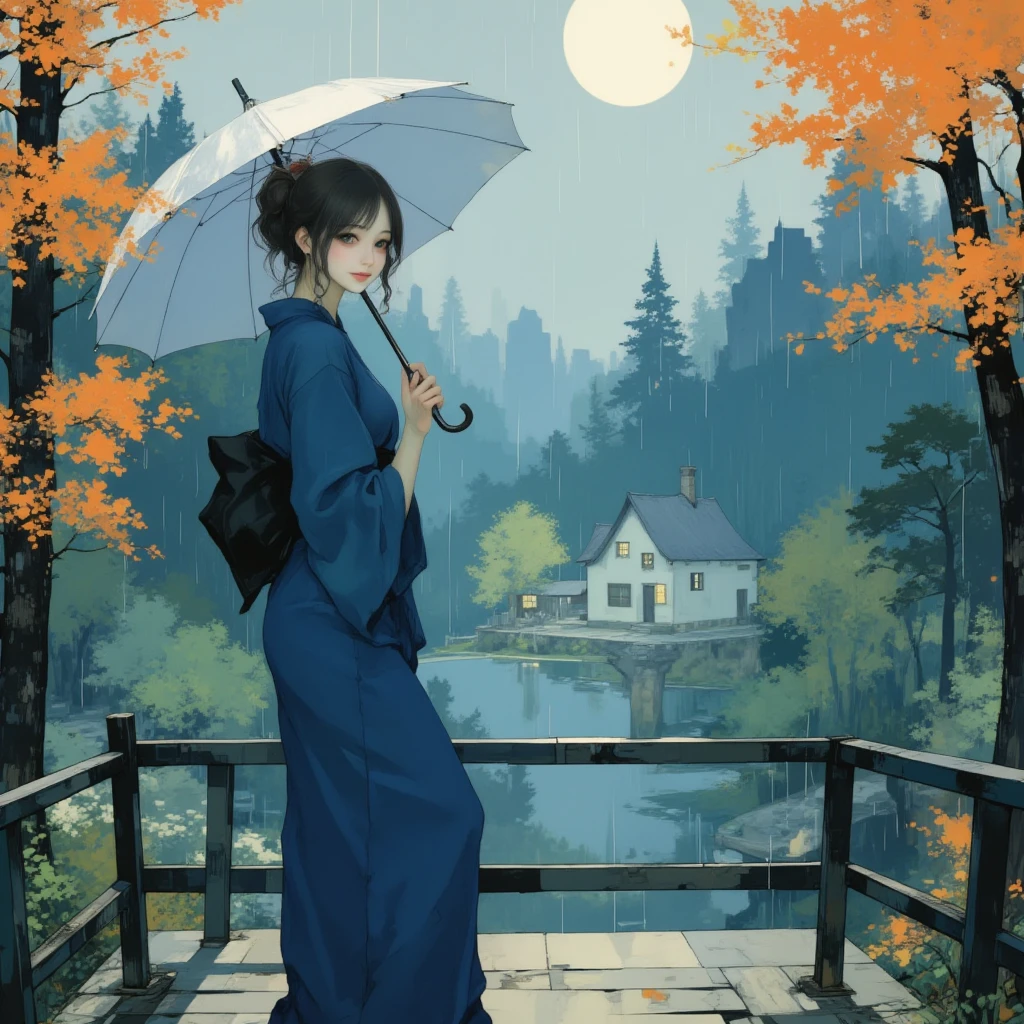 A minimalist cartoon illustration of a young Asian woman ,Autumn，Great Forest，Small wooden bridge，Severe Rainy and stormy Scene,
A asian woman,wearing plain deep blue yukata with a black sash,holding a traditional japanese umbrella,  facing the camera, standing on the bridge,