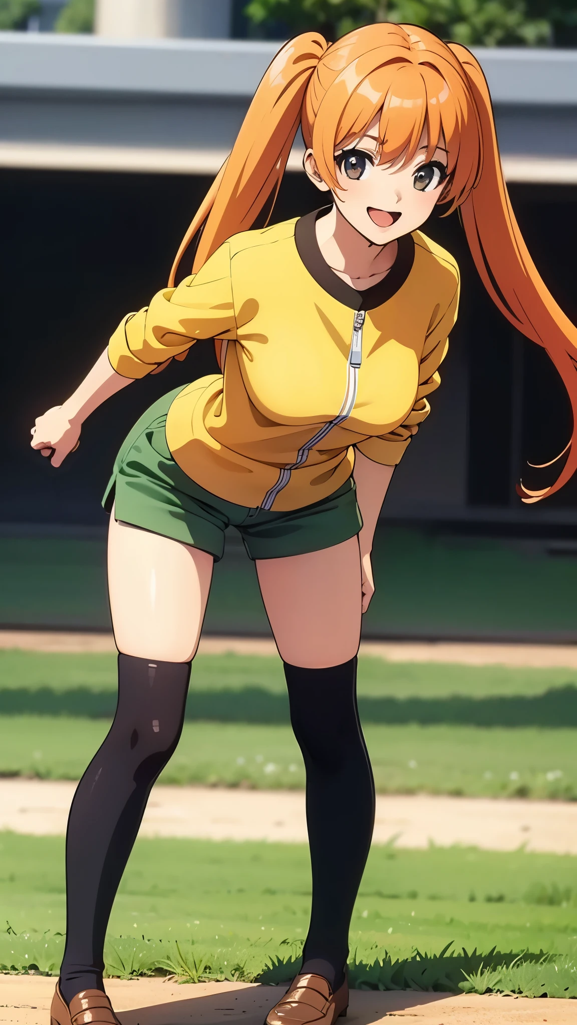 outdoor, in soccer ground, break play foot ball, kicking foot ball1:2, looking foot ball, determined1:2, close mouth, anime style, orange hair1:4, break high bridge1:8, BREAK super straight hair, BREAK black knee-high socks1:4 BREAK smile, BREAK long side twin tails1:6,BREAK yellow string bow1:2 break dark green shorts1:3, loafers1:2, (best quality,4k,8k,highres,masterpiece:1.2),ultra-detailed,(realistic,photorealistic,photo-realistic:1.37),detailed face, detailed eyes, detailed lips, long eyelashes, extremely detailed facial features