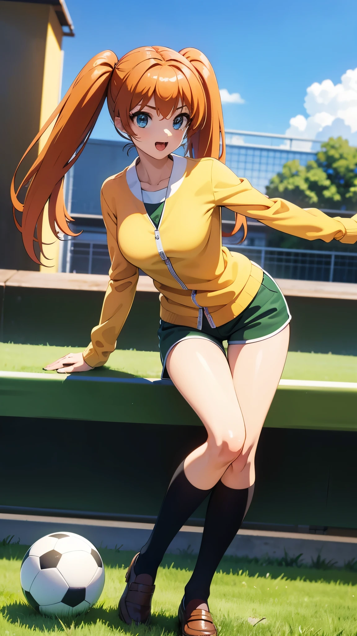 outdoor, in soccer ground, break play foot ball, kicking foot ball1:2, looking foot ball, serious, focused, close mouth, anime style, orange hair1:4, break high bridge1:8, BREAK super straight hair, BREAK black knee-high socks1:4, BREAK long side twin tails1:6,BREAK yellow string bow1:2 break dark green shorts1:3, break loafers1:2, (best quality,4K,8k, highres icon,masterpiece:1.2),ultra-detailed,(realistic,photorealistic,photo-realistic:1.37),detailed face, detailed eyes, detailed lips, long eyelashes, extremely detailed facial features
準備中 
