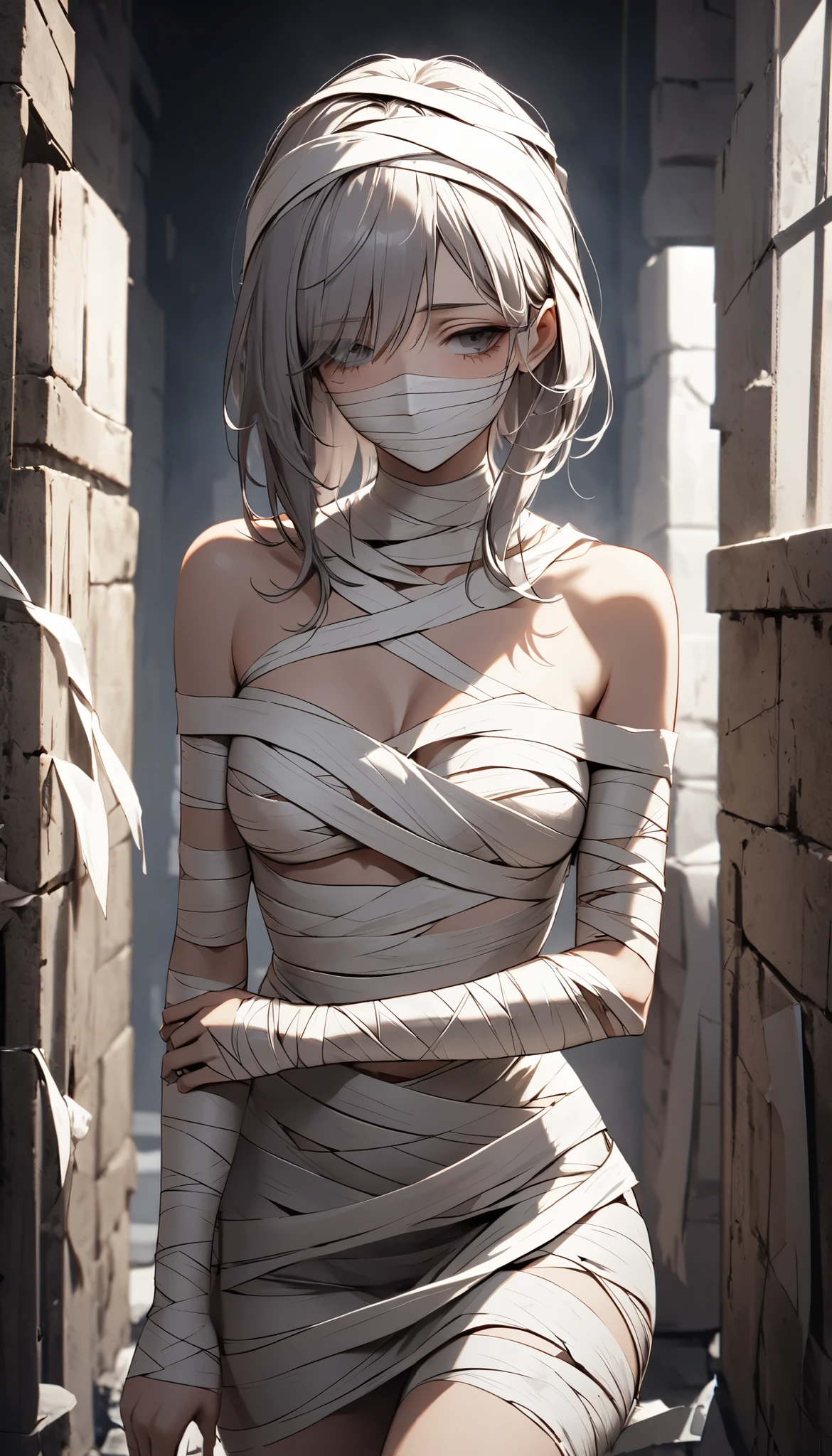 "A mysterious mummy girl, wrapped in aged, tattered bandages that float in mid-air, partially revealing that she is invisible beneath them. The bandages hover and curve around a human form, but her body itself is translucent or completely missing, creating the illusion of invisibility. She has glowing, ethereal eyes visible through gaps in the bandages, and her surroundings are dimly lit, emphasizing the supernatural atmosphere. She stands in a shadowy, ancient tomb, with cobwebs, cracked stone walls, and a faint, eerie light illuminating her figure."