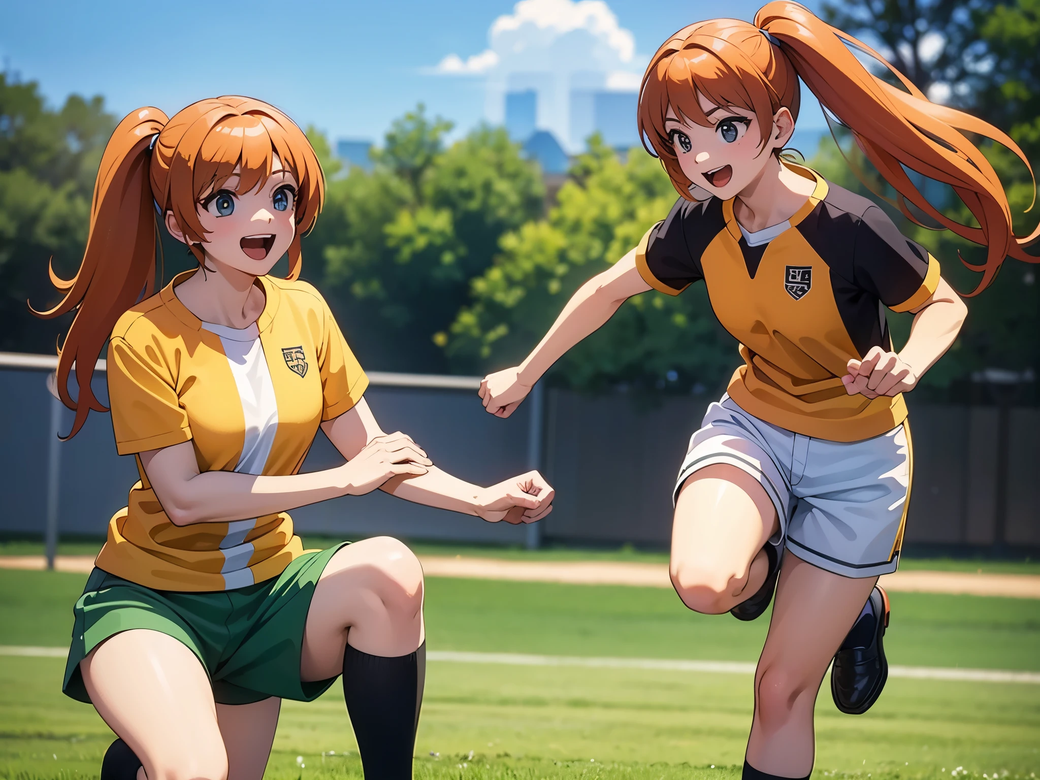 outdoor, in soccer ground, break play foot ball, kicking ball1:2, looking foot ball, serious, focused, close mouth, anime style, orange hair1:4, break high bridge1:8, BREAK super straight hair, BREAK black knee-high socks1:4, BREAK long side twin tails1:6,BREAK yellow string bow1:2 break dark green shorts1:3, break loafers1:2, (best quality,4k,8k,highres,masterpiece:1.2),ultra-detailed,(realistic,photorealistic,photo-realistic:1.37),detailed face, detailed eyes, detailed lips, long eyelashes, extremely detailed facial features 