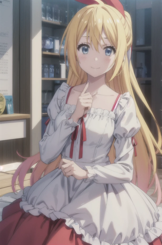 1girl, solo, chitoge kirisaki, blonde hair, blue eyes, hair ribbon, long hair, red ribbon, ribbon, , (best quality, masterpiece, RAW photo,ultra-detailed:1.2), polka dot dress, puffy sleeves, smile, RAW photo,ultra-detailed:1.2), collarbone, looking at the viewer, sketch, oekaki, flat color, 2D,  textured skin, super detail, high detail, high quality, best quality, 1080p, 16k