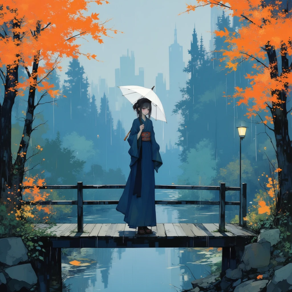 A minimalist cartoon illustration of a young Asian woman ,Autumn，Great Forest，Small wooden bridge，Severe Rainy and stormy Scene,
A asian woman,wearing plain deep blue yukata with a black sash,holding a traditional japanese umbrella,  facing the camera, standing on the bridge,