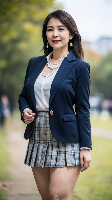 full body shot, from below,  japanese mature,  detailed face , smile,  white skin, (curvy body,  plump thighs:1.5), ( navy blue blazer:1.2), (collar shirt, pink plaid pleated miniskirt, earrings,  Necklaces :1.2), ( wearing black high heels:1.2), ( takes a picture of the whole body from toe to head,  standing in the park, model posing:1.2), ( surrealism, best quality, ultra detailed, absolutely resolution, 8k, anatomically correct), depth of field, looking at viewer, tachi-e, (bimajo ) 