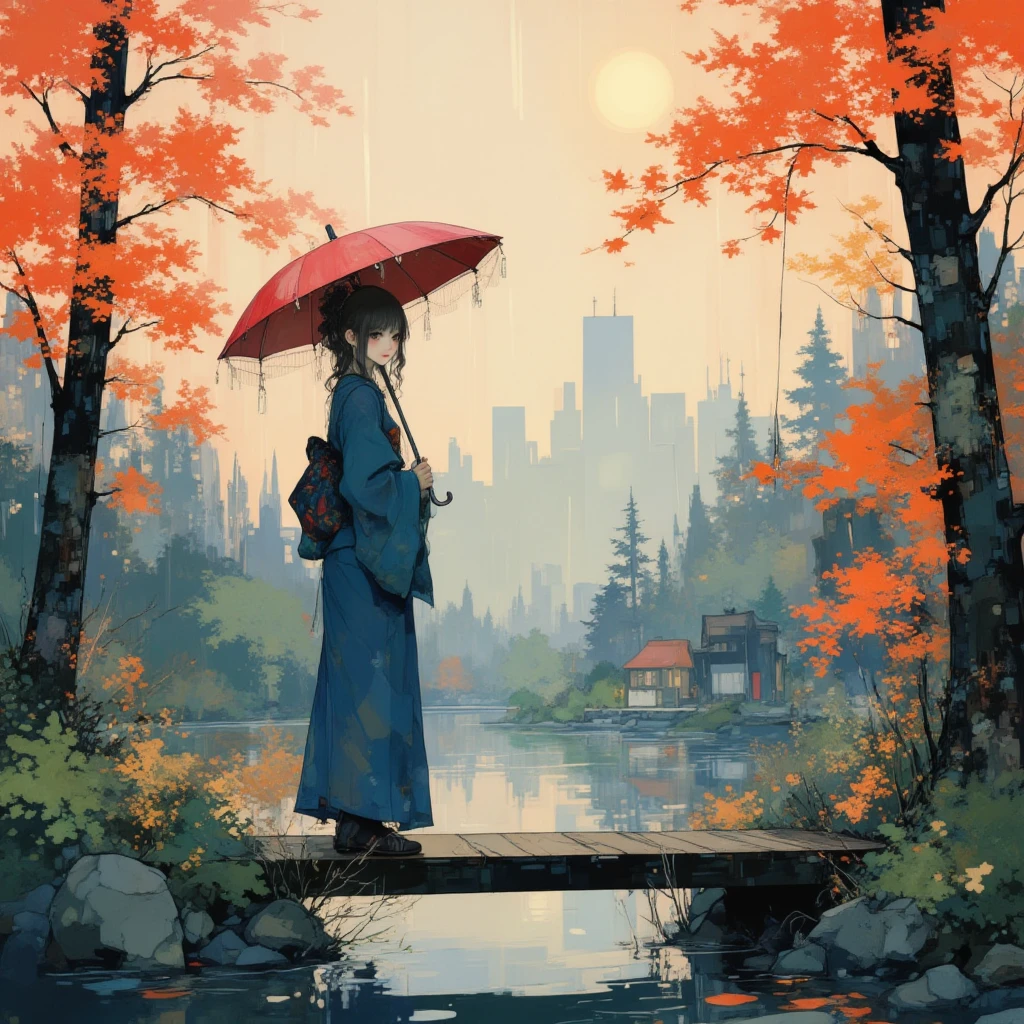 A minimalist cartoon illustration of a young Asian woman ,Autumn，Great Forest，Small wooden bridge，Severe Rainy and stormy Scene,
A asian woman,wearing plain deep blue yukata with a black sash,holding a traditional japanese umbrella,  facing the camera, standing on the bridge,