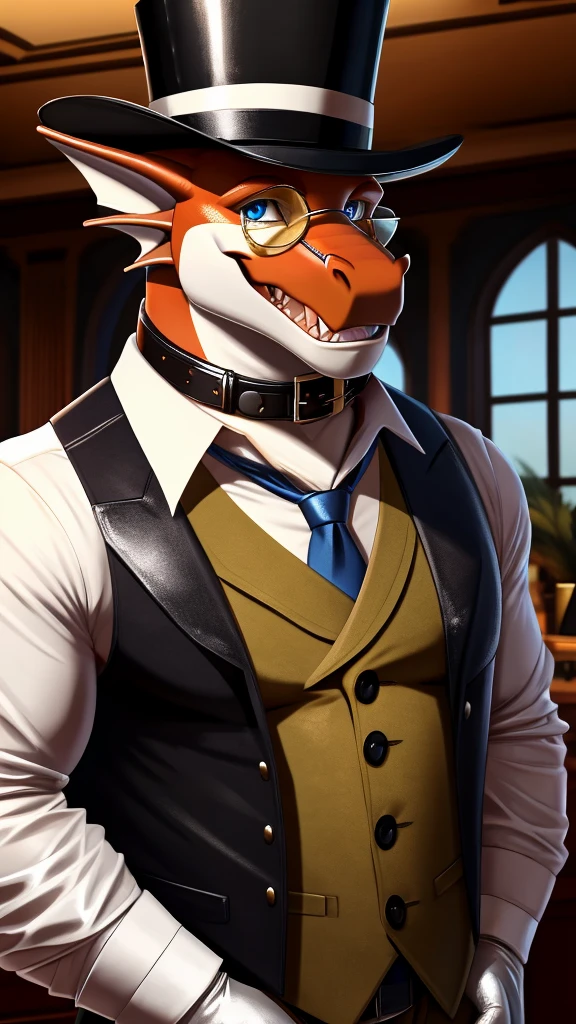 Solo, Male, fat, extremely obese, gentleman, dapper Professor Dragon, mob boss, blue eyes, (posing:1.3), (soft shading), 4k, hi res, ((detailed face, detailed)), looking at viewer, mouth wide open, dapper clothing, collared shirt with buttons, bowler hat, male focus, Explorer Outfit, glasses, monocle, vest with buttons, sleeves rolled up, round eyewear, brown headwear, brown vest, office, Dragon is wearing a glossy leather dog collar around the neck, Dragon is wearing the leather collar and shirt and vest at the same time, Dragon is wearing glossy white rubber gloves on the hands, wearing white rubber gloves on the feet, gloves are rubber in texture, clenching teeth, clenching fists, leather collar is glossy and shiny with a lot of detail, Dragon is wearing gloves and leather collar at the same time, leather collar has a round dog-tag, leather collar is thick and detailed, leather collar is glossy and shiny, fancy clothing, dapper vest, dapper shirt, leather collar is thick, glossy leather collar.