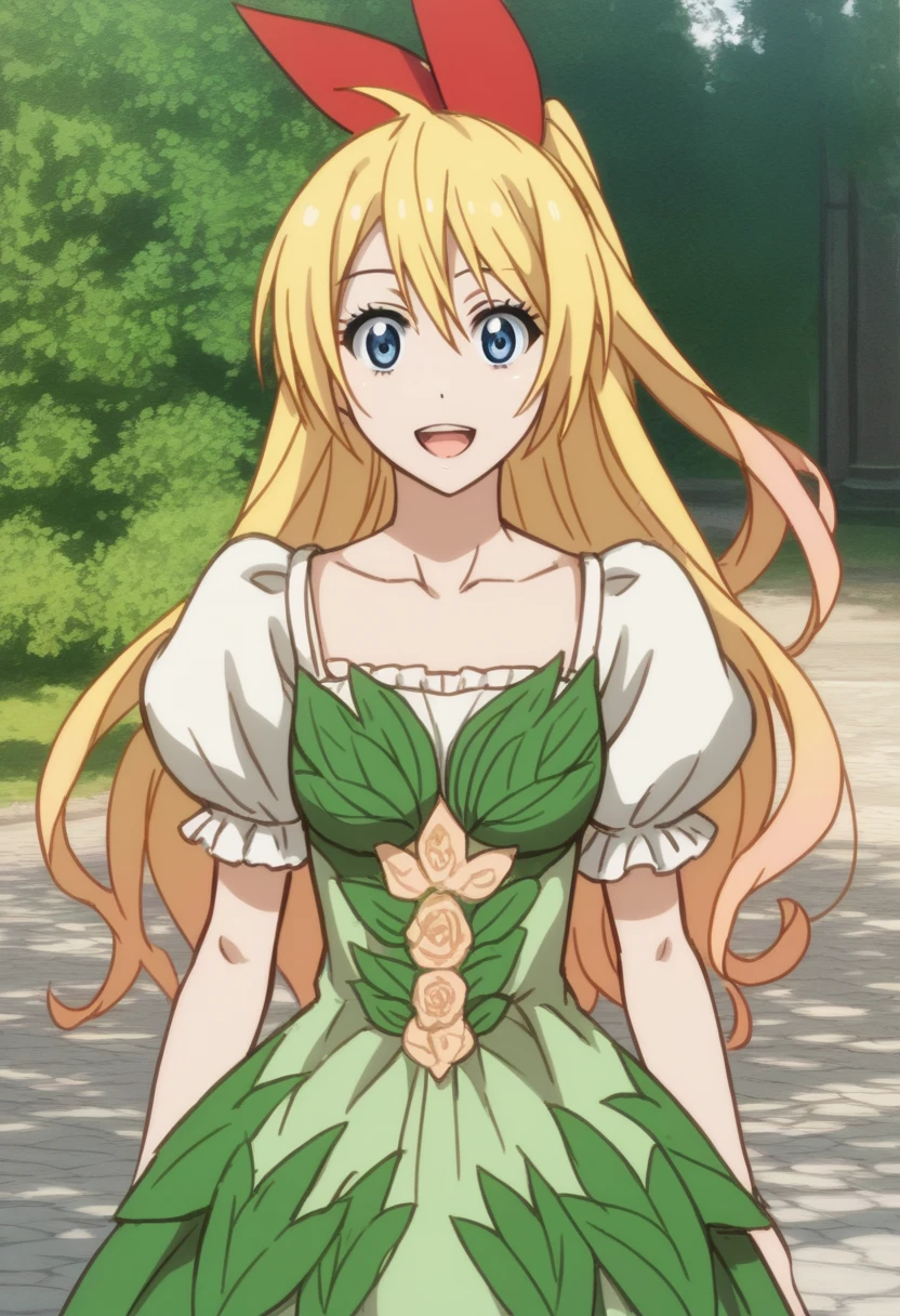 1girl, solo, chitoge kirisaki, blonde hair, blue eyes, hair ribbon, long hair, red ribbon, ribbon, , (best quality, masterpiece, RAW photo,ultra-detailed:1.2), white, dot dress, puffy sleeves, smile, RAW photo,ultra-detailed:1.2), collarbone, looking at the viewer, sketch, oekaki, flat color, 2D, textured skin, super detail, high detail, high quality, best quality, 1080p, 16k, standing, mouth open, flora print, holding skirt