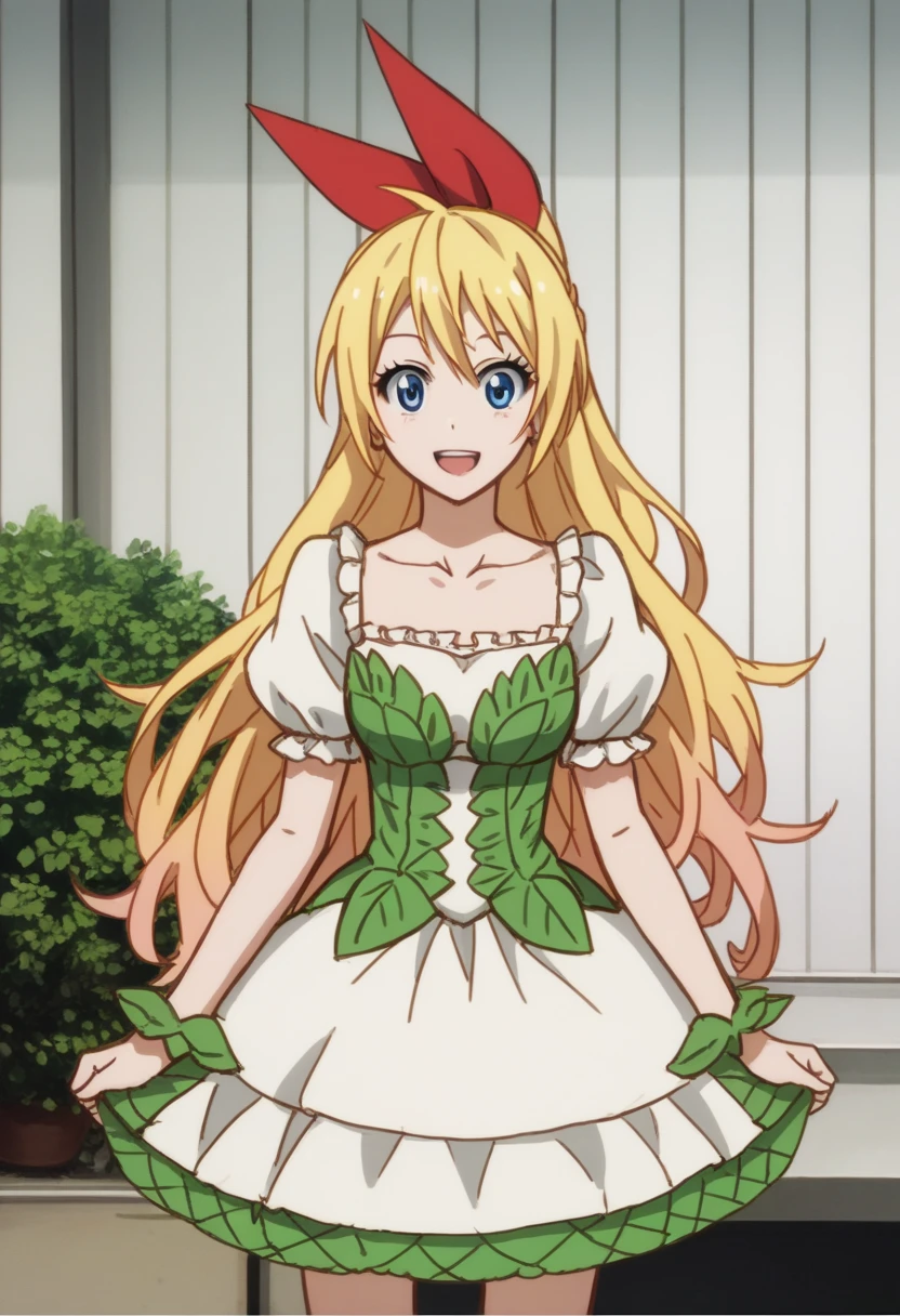 1girl, solo, chitoge kirisaki, blonde hair, blue eyes, hair ribbon, long hair, red ribbon, ribbon, , (best quality, masterpiece, RAW photo,ultra-detailed:1.2), white, dot dress, puffy sleeves, smile, RAW photo,ultra-detailed:1.2), collarbone, looking at the viewer, sketch, oekaki, flat color, 2D, textured skin, super detail, high detail, high quality, best quality, 1080p, 16k, standing, mouth open, flora print, holding skirt