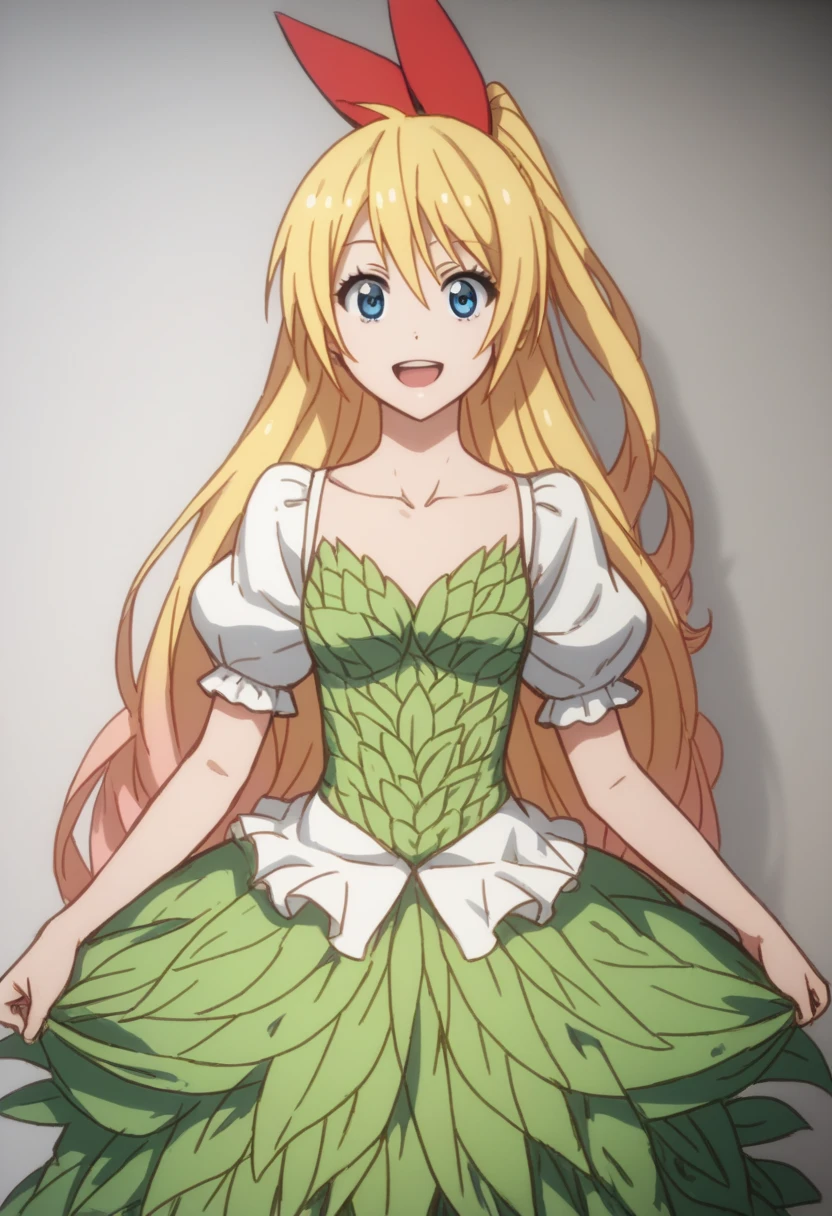 1girl, solo, chitoge kirisaki, blonde hair, blue eyes, hair ribbon, long hair, red ribbon, ribbon, , (best quality, masterpiece, RAW photo,ultra-detailed:1.2), white, dot dress, puffy sleeves, smile, RAW photo,ultra-detailed:1.2), collarbone, looking at the viewer, sketch, oekaki, flat color, 2D, textured skin, super detail, high detail, high quality, best quality, 1080p, 16k, standing, mouth open, flora print, holding skirt