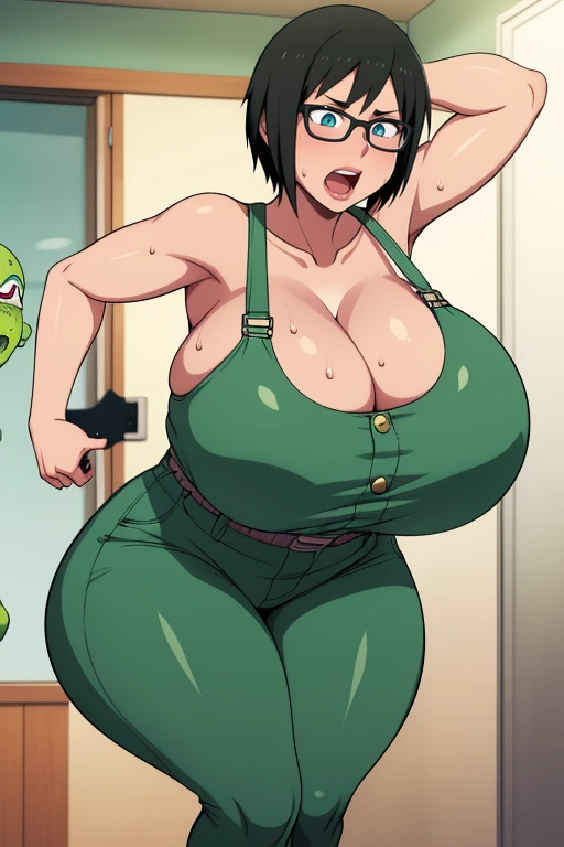 Shizune, 1girl, ((bimbo))), short black hair, glasses, painted lips, wide hips, thick thighs, huge ass, bimbo face , enormous huge natural breasts,  dungarees, cleavage hanging breasts, ahegao face, hot, sweating, scared face, running away from green zombies, green zombie attack, green zombies grabbing her breasts