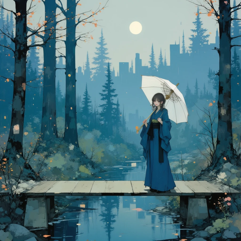 A minimalist cartoon illustration of a young Asian woman ,Autumn，Great Forest，Small wooden bridge，Severe Rainy and stormy Scene,
A asian woman,wearing plain deep blue yukata with a black sash,holding a traditional japanese umbrella,  facing the camera, standing on the bridge,