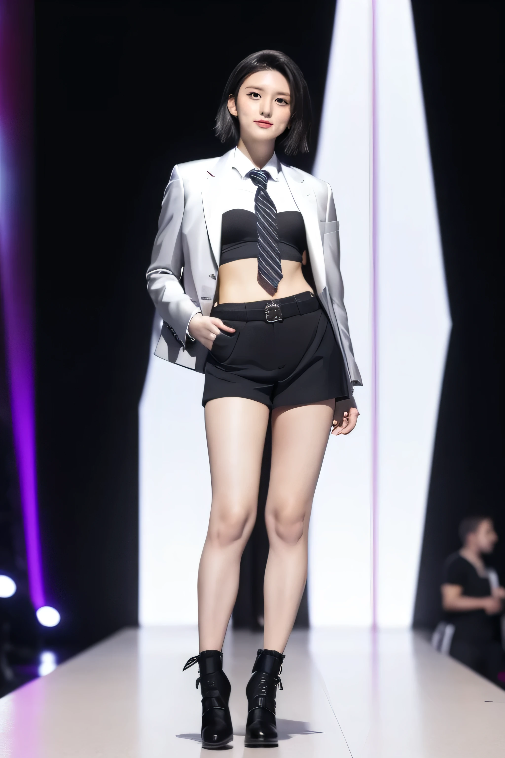 silver half jacket and black short necktie based on live of IVE,, standing on the stage, full body, midriff peek, bob cut