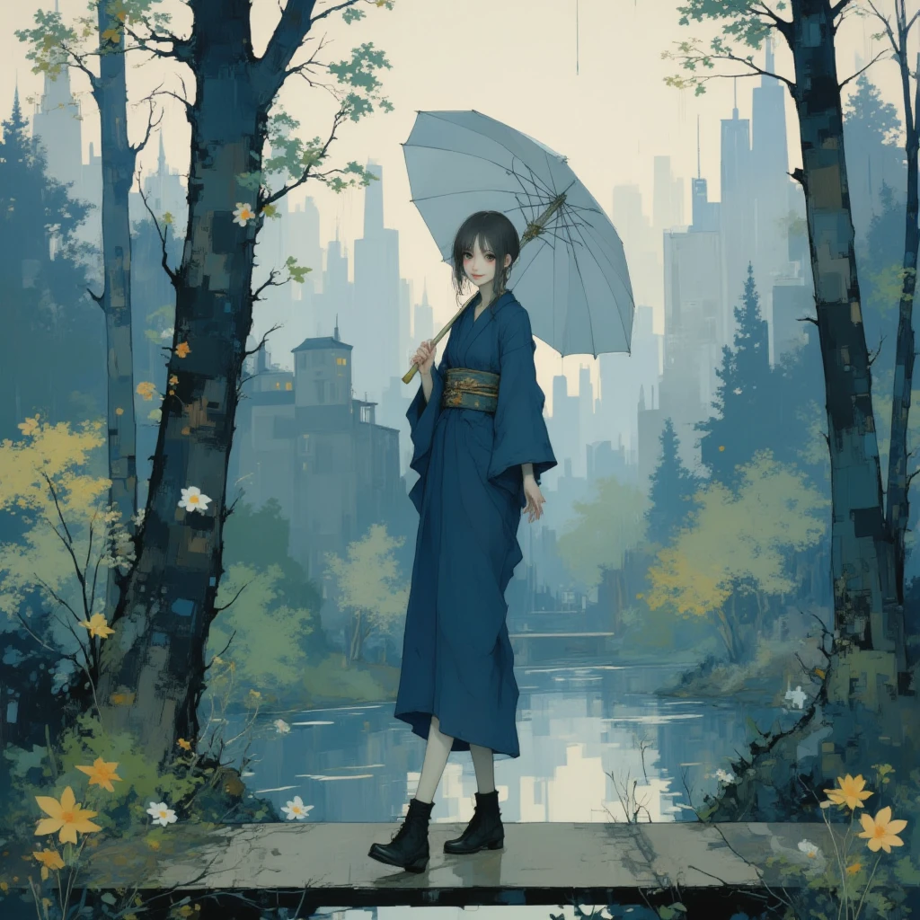 A minimalist cartoon illustration of a young Asian woman ,Autumn，Great Forest，Small wooden bridge，Severe Rainy and stormy Scene,
A asian woman,wearing plain deep blue yukata with a black sash and black short-boots,holding a traditional japanese umbrella,  facing the camera, standing on the bridge,