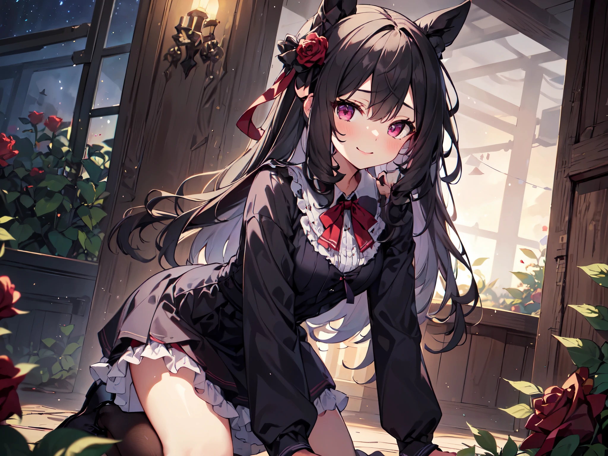 Alone, young girl, human ears, red eyes, flat chest,
(black hair, vertically curled hair, vertically curled hair, flower in hair, big red ribbon at back of head),
(purple high waisted dress, long sleeves, black tights, black negligee)),
(night, stars, red rose garden at night, surrounded by many red roses at night),
(raising hands above head),
(looking down slightly, ahegao, looking back and smiling),
(leaning forward, leaning forward position, on all fours, kneeling),
(retina, masterpiece, accurate, anatomically correct, textured skin, ultra detailed, high resolution, high quality, award winning, best high quality, high resolution),