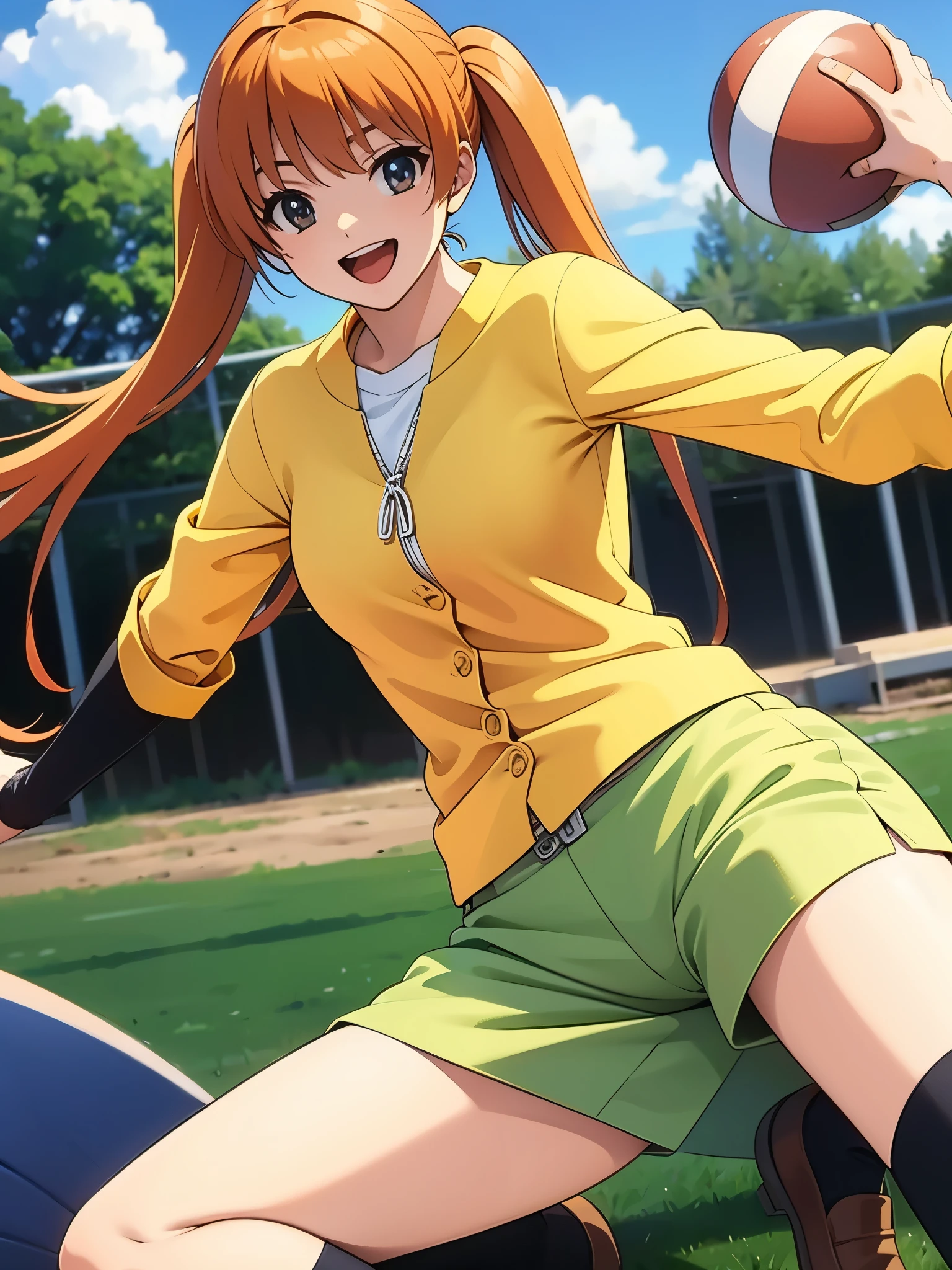 outdoor, in soccer ground, anime style, orange hair1:4, break high bridge1:8, BREAK super straight hair, BREAK black knee-high socks1:4, BREAK long side twin tails1:6,BREAK yellow string bow1:2 break dark green shorts1:3, break loafers1:2, break play foot ball, kicking ball1:2, looking ball, break serious, focused, (best quality,4k,8k,highres,masterpiece:1.2),ultra-detailed,(realistic,photorealistic,photo-realistic:1.37),detailed face, detailed eyes, detailed lips, long eyelashes, extremely detailed facial features