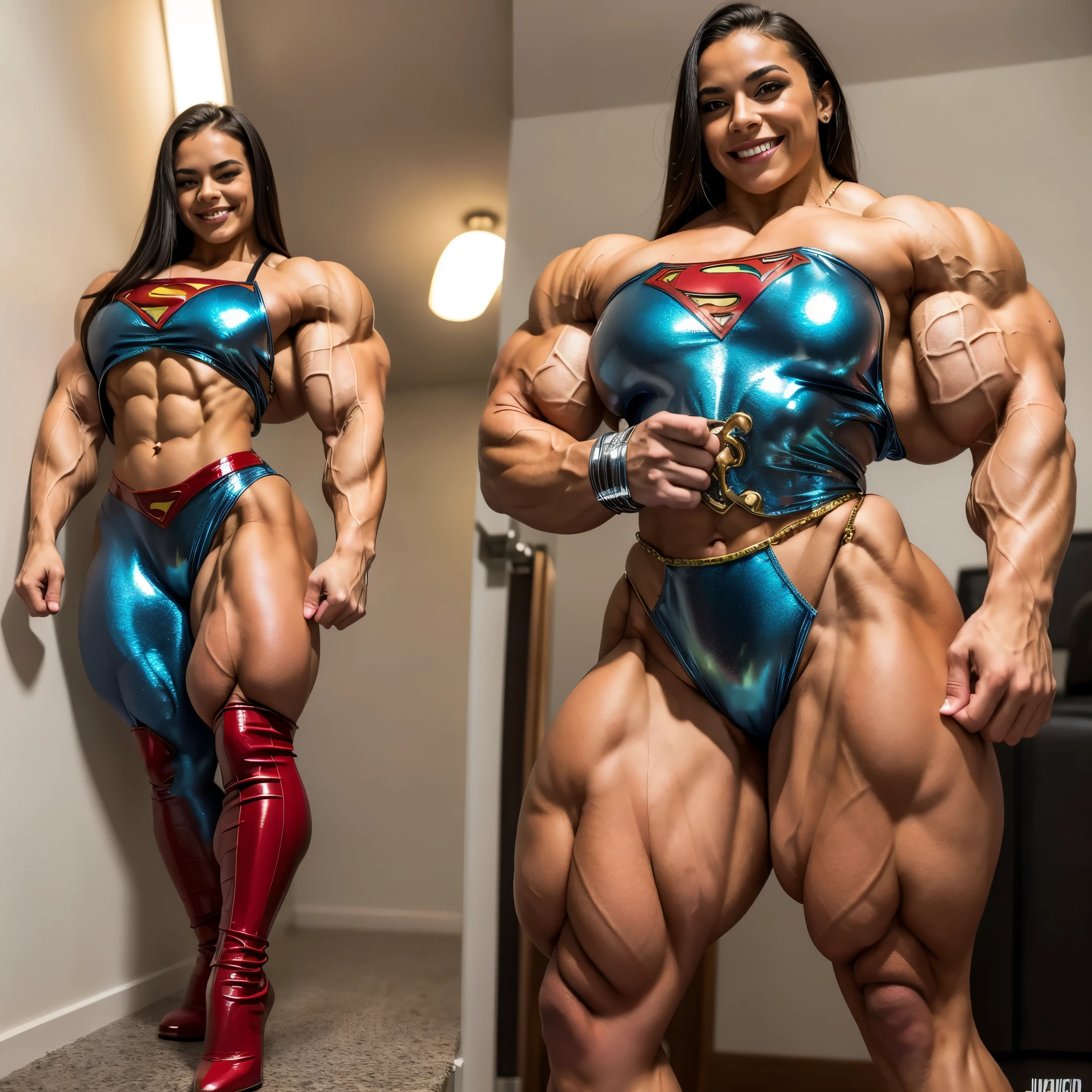 Viewed from above, Chyna, A heavily muscled iffb pro female bodybuilder, (Raw photography:1.5)、(hight resolution:1.5)、(Raw photography:1.5),(Photorealsitic:1.38)、(sharp focus:1.5) 、18 only、One girl、((Cowboy Shots:1.2)),((Body Like a Male Bodybuilder:1.8))、((tall:1.4)),((Thick arms with sculpted muscles:1.28)),((long legged:1.4)),((Sculpted muscular thick thighs:1.65)),((large full breasts:1.2))、
((( super powerful thick quadriceps))
((Delicate and perfect beautiful face,beatiful detailed eyes、big eye、double eyelid、Smiling))、
(English latex uniform 、White short-sleeved shirt、a bow tie、Navy Blue latex Pleated Skirt、Dark blue high socks:1.2)),((hime-cut)),
((Standing up with a shrug:1.2))、
((In a WWE wrestling ring))、
looking at the viewers、Facing the audience,The dim、