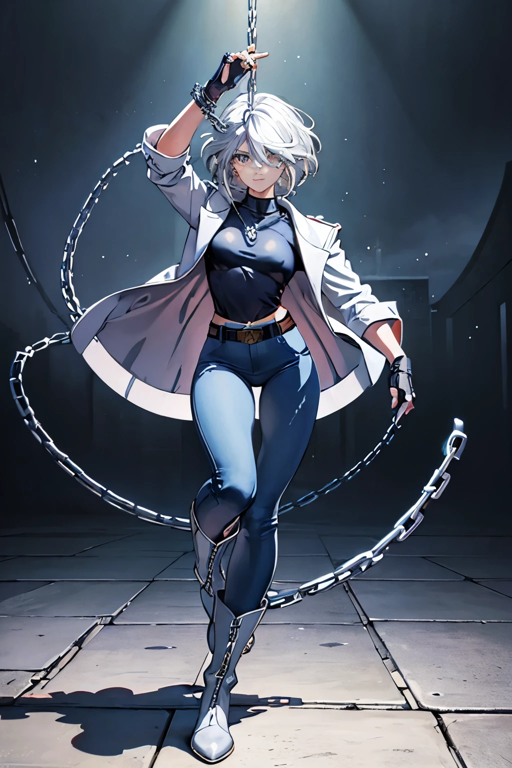 (masterpiece), best quality, silver eyes, perfect face, highres, 1girl, solo, angelms, white hair, white jacket, jeans, fingerless gloves, atacking pose, dancing around chains, evil smile, long boots, fanstasy background, cowboy shot, fullbody shot, looking at the viewer, from front, holding chains, long chain  whip