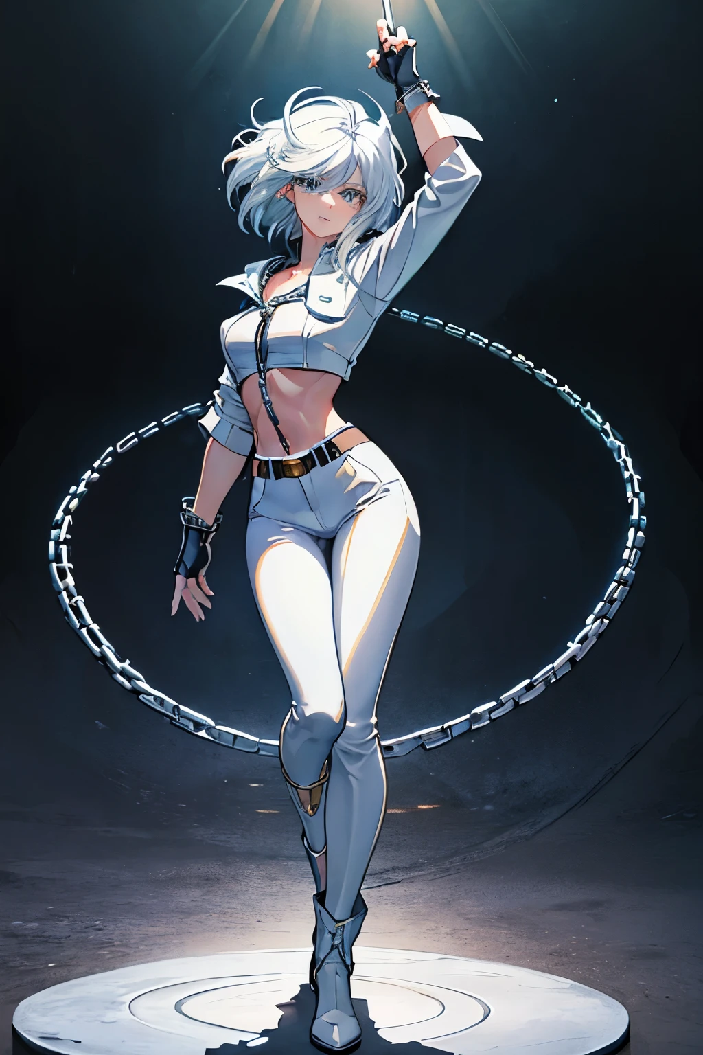 (masterpiece), best quality, silver eyes, perfect face, highres, 1girl, solo, angelms, white hair, white jacket, jeans, fingerless gloves, atacking pose, dancing around chains, evil smile, long boots, fanstasy background, cowboy shot, fullbody shot, looking at the viewer, from front, holding chains, long chain  whip