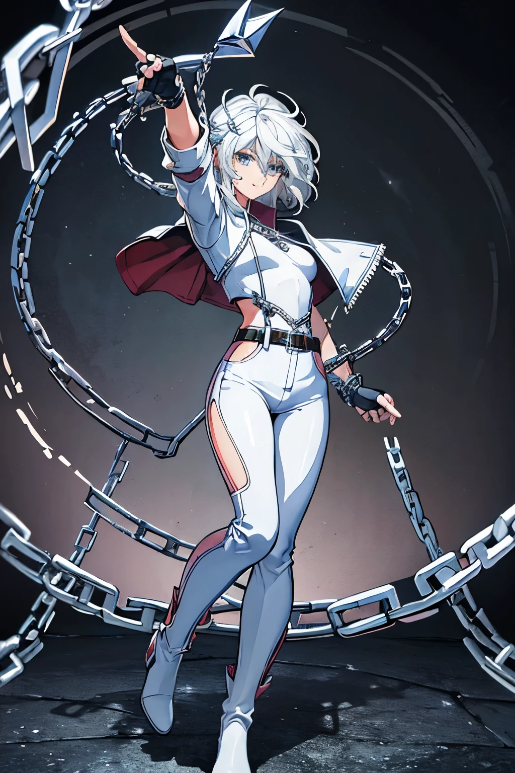 (masterpiece), best quality, silver eyes, perfect face, highres, 1girl, solo, angelms, white hair, white jacket, jeans, fingerless gloves, atacking pose, dancing around chains, evil smile, long boots, fanstasy background, cowboy shot, fullbody shot, looking at the viewer, from front, holding chains, long chain  whip