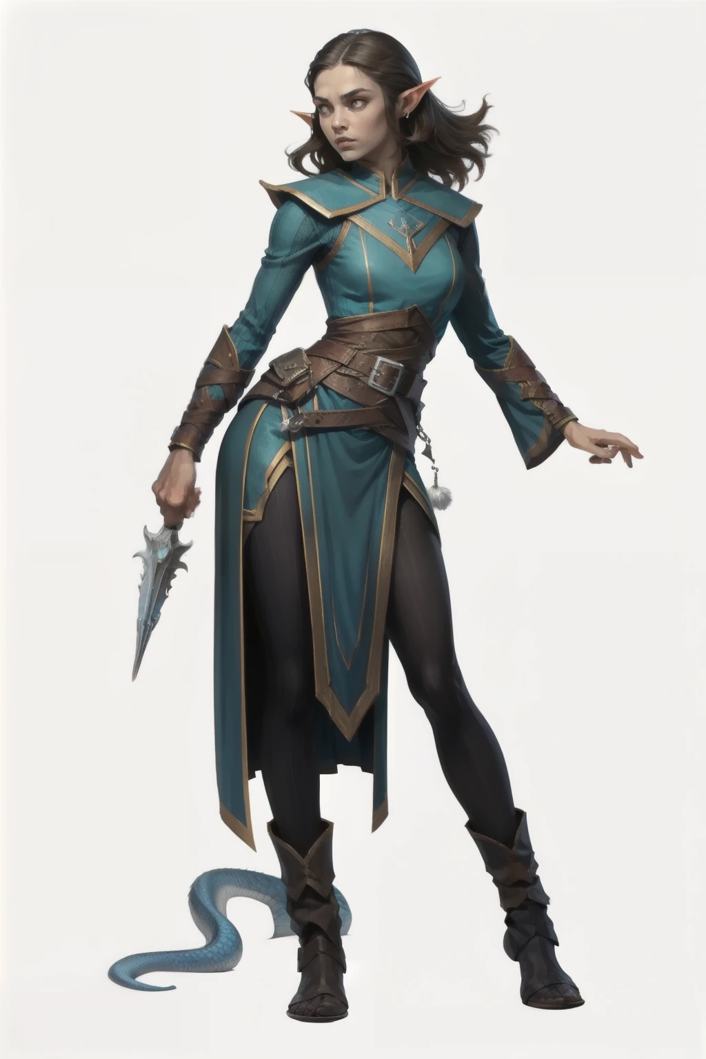  RPG character ,  I want a character with a white background, png,  full body image,  an elf with light blue skin  , sea elf , pointy ear, corpo sexy, Lean body,  long dark brown hair , attractive face,  the character with new and rustic clothes , But tidy ,  female, blue skin color, Bottomless, It's a newt ,  woman elffish 
