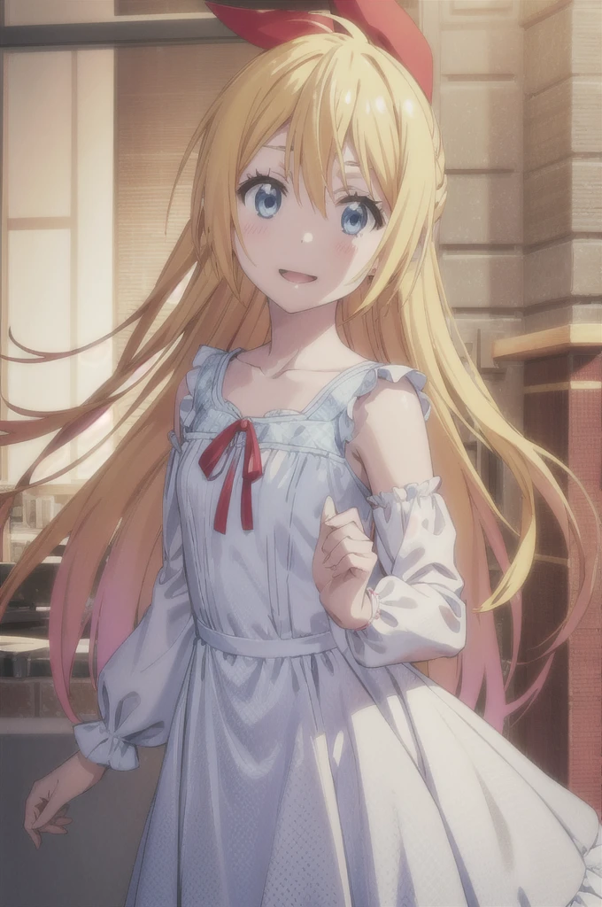 1girl, solo, chitoge kirisaki, blonde hair, blue eyes, hair ribbon, long hair, red ribbon, ribbon, , (best quality, masterpiece, RAW photo,ultra-detailed:1.2), polka dot dress, puffy long sleeves, smile, RAW photo,ultra-detailed:1.2), collarbone, looking at the viewer, sketch, oekaki, flat color, 2D,  textured skin, super detail, high detail, high quality, best quality, 1080p, 16k, peace, v sing, mouth open