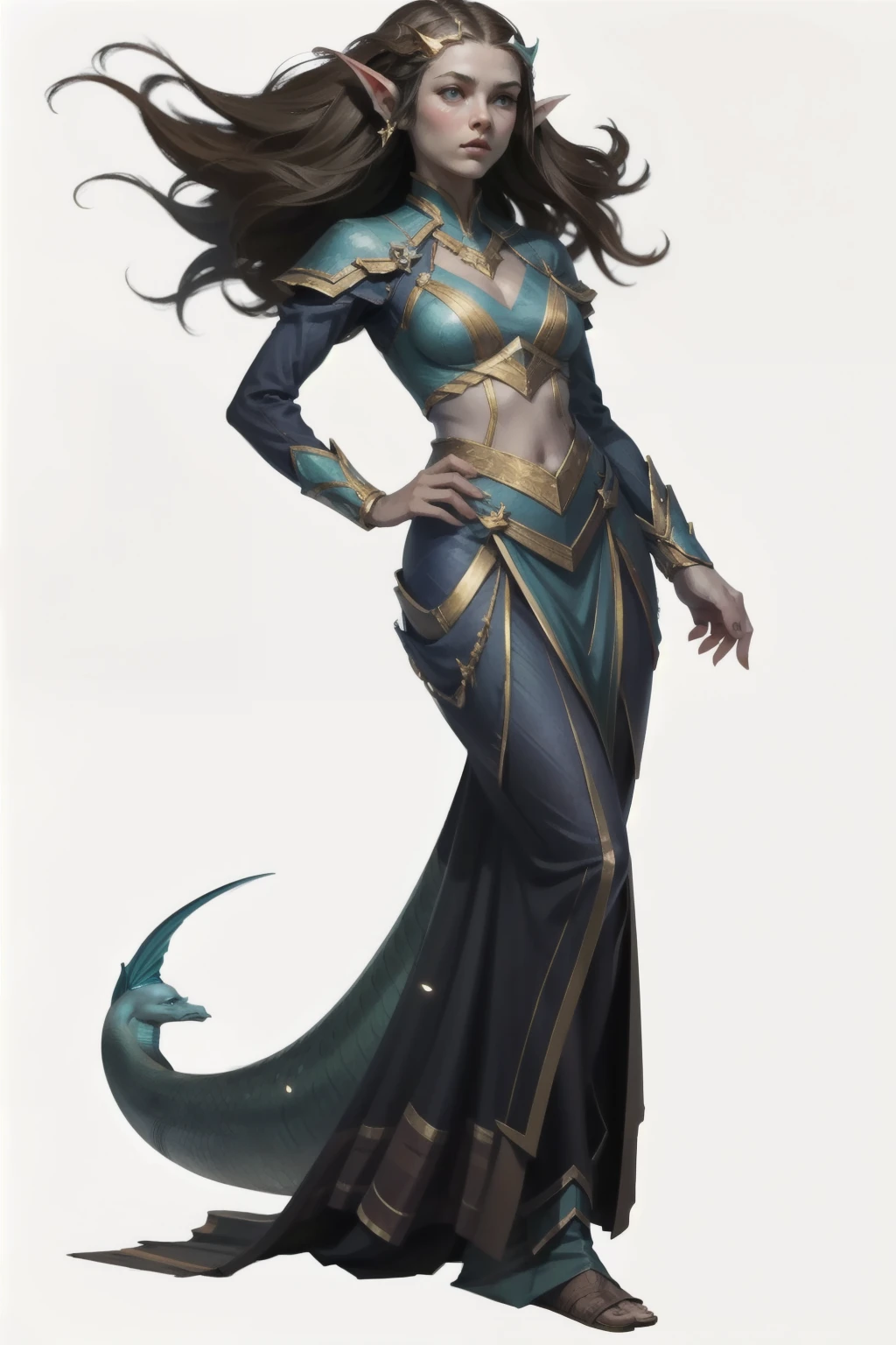 Full-body illustration of a female sea elf character, also described as a triton or fish-woman, with light blue skin, pointy ears, and an attractive face. The character has a slim, sexy build and long, dark brown hair. She is wearing rustic yet elegant clothing that appears new and well-maintained. The character's style is feminine, and she is set against a white background with no other elements.