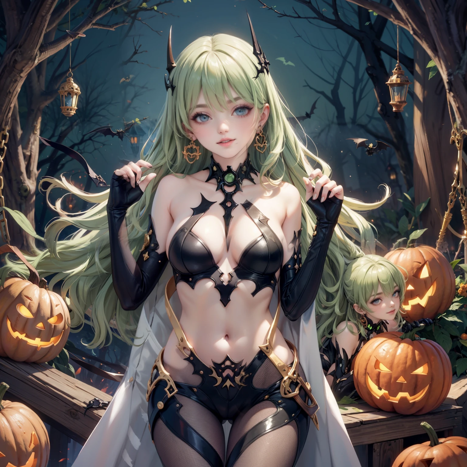 Mobius (honkai impact), honkai (series), honkai impact 3rd, asymmetrical gloves, bangs, earrings, elbow gloves, solo, gloves, green eyes, green hair, hair between eyes, jewelry, long hair, looking at viewer, 1girl, vampire costume for Halloween, jewelry, brown hair, glow hair, flowing hair, ahoge, armpits, vampire, cape, bare shoulders, glow eyes, vampire costume for Halloween, Halloween theme, chest sarashi, claw pose, tassel, collarbone, cowboy shot, cute ghost, hair between eyes, hair intakes, halloween, vampire halloween costume, huge ahoge, long hair, looking at viewer, midriff, multicolored hair, vampire costume, smile, solo, stomach, strapless, streaked hair, thigh gap, thighs, tube top, very long hair, pumpkin lantern, candle, cemetery scenery 