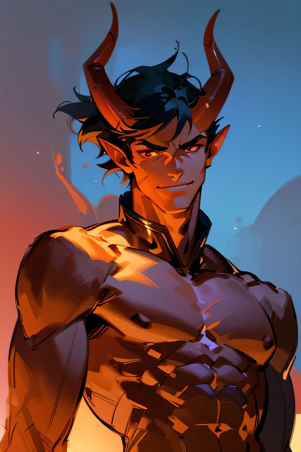 Brown skin tiefling man, (extremely detailed CG unity 4k wallpaper),(masterpiece),(best quality),(ultra-detailed),(best illustration),(best shadow),(absurdres),Male, demon, muscular, Glowing red eyes, Muscular, Handsome, Short black hair, dnd style, upper body focus, small black horns, smirking