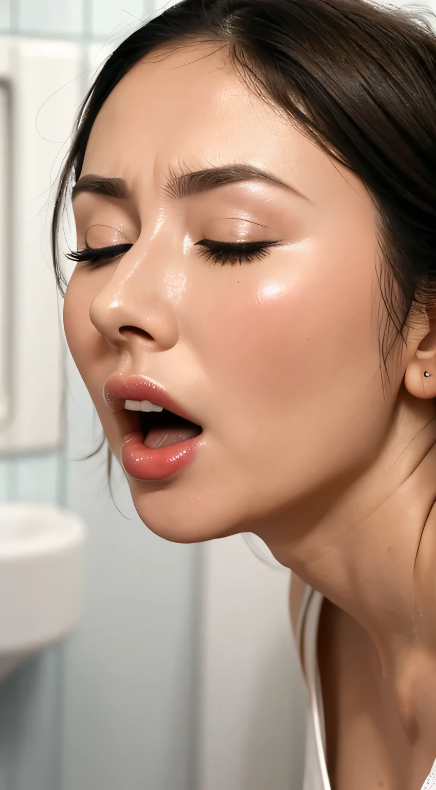 Beautiful Japan actress、1 girl,debris flies,,Award-winning photo, very detailed,face focus, double big eyes(woman with open mouth and closed eyes ), 30 years old、black hair、shiny skin、(((close up of face)))、realistic nostrils、elongated nasal passages,,,、inside the toilet、(On the floor of a public toilet)、squat、((white tank top))、big breasts、(sharp nose)grimacing 表現:1.4,,facial expression,grimacing,Head up、Skin shiny with sweat,oily facial skin,bite your mouth,tied hair,wearing a tank top,Bring your nose closer to the camera,((The inside of the open mouth is filled with transparent bubbles.))A large amount of foam flows from the mouth、droop、