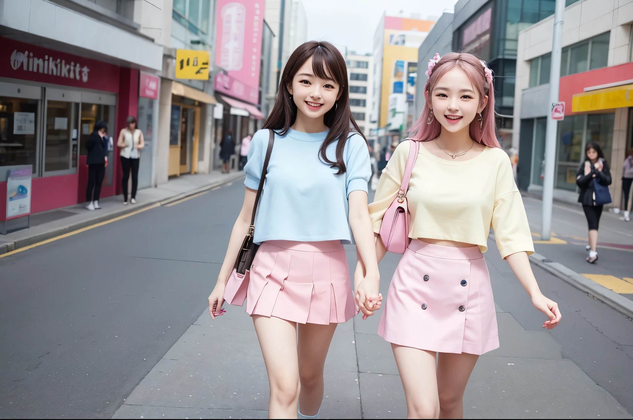 (Two 10-year-old Japanese elementary school girls), 110cm tall with super enormous-breasted, (super enormous breasts), wearing baby blue micro , baby blue micro mini tank tops (navel-baring), carrying school bags, and my vagina is being touched by 10-year-old Japanese elementary school boys 110cm tall on the way to school,