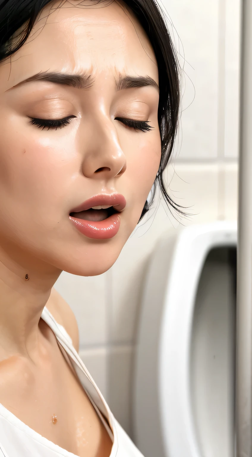 Beautiful Japanese actresses、1 girl,Flying debris,,Award-winning photo, Very detailed,Face Focus, Big double eyes(Woman with open mouth and closed eyes ), 18-year-old、Black Hair、Shiny skin、(((Face close-up)))、Realistic nostrils、Long and narrow nasal cavity,、Small toilet,Squat、((White collared shirt))、Big Breasts、(Sharp Nose)Frowning performance:1.4,,performance,Frowning,please raise your head、Skin shiny with sweat,Oily facial skin,Tied Hair,Crouching female teacher,、Squat、50 degree hot room、Skin shiny with sweat、Wet transparent fabric,Sweaty all over my face,A face enduring intense pain、Screaming face,Open your mouth wide and shout,Public toilets,Toilet,Bust Chart