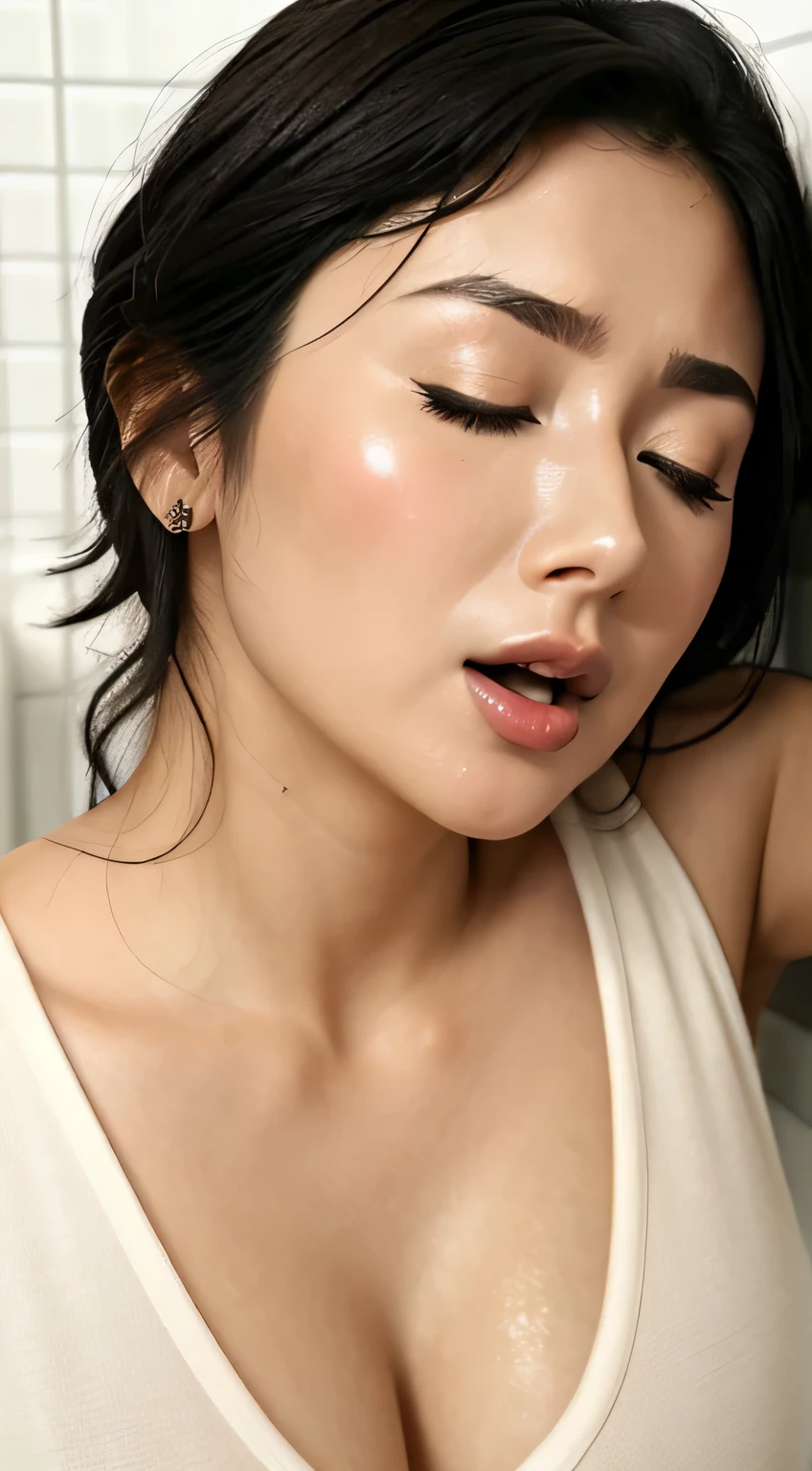 Beautiful Japanese actresses,(photo Realistic:1.4), (hyper Realistic:1.4), (Realistic:1.3),Very detailed, Edge Orgasm,face Focus, Woman with open mouth and closed eyes , A woman with an edge _face、Age 35、Black-haired、 News anchor、Very small toilet,((skin shining with 汗))((Clabrasion glistening with 汗,face shining with 汗)),（,Entrance to the house、In front of the front door、In front of the shoebox、White collared shirt,Hair tied up、teacher,(Wet Filter)(((下からのfaceのクローズアップ)))((large high nose,Prominent Nose))小さなface,