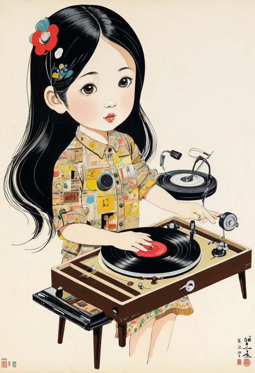 Vintage Record Player, girl, by Drew Struzan.
best quality, masterpiece, intricate details, ultra-detailed