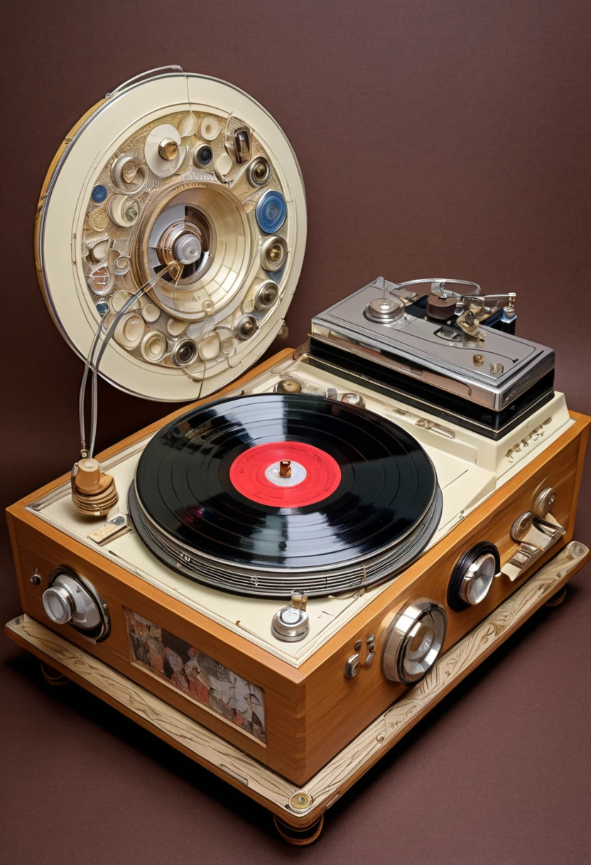 Vintage Record Player, girl, by Drew Struzan.
best quality, masterpiece, intricate details, ultra-detailed