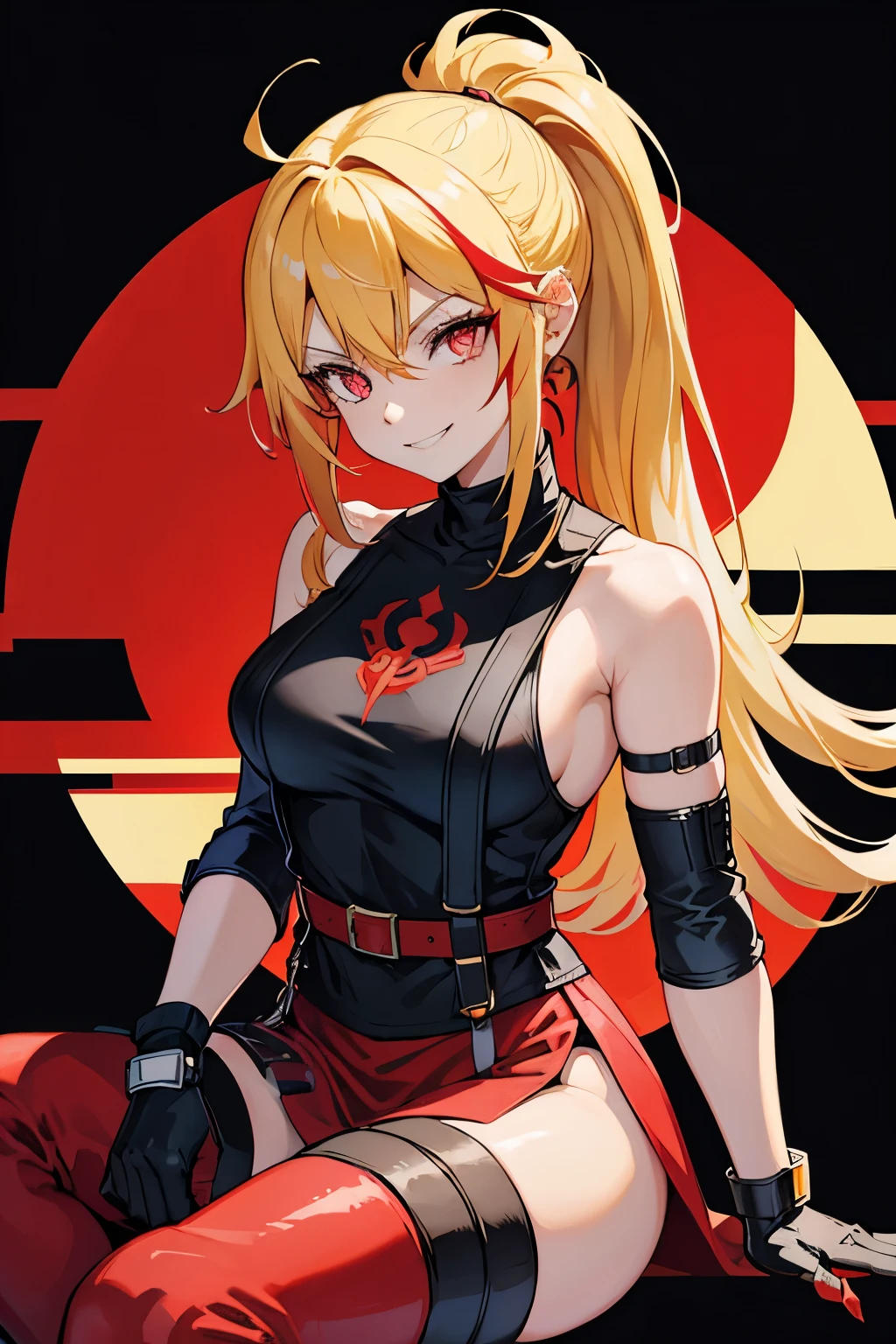 (masterpiece, best quality:1.2), red glowing eyes, red eyes, the eyes are red, perfect face, strong make up, highres, 1 girl, ultra long ponytail, (female:1.5), strife, blonde hair streaked with lots of red highlights, two colors hair (blond and red), hight flame mistress outfit, shoulder armor, sleeveless turtleneck, suspenders, belt, gloves, bracer pre potent smile, crossing legs, crossing arms , evil smile, evil pose, sitting, portrait, looking at viewer,  Her hair is streaked with lots red and blonde highlights, moon tribal tattoo.