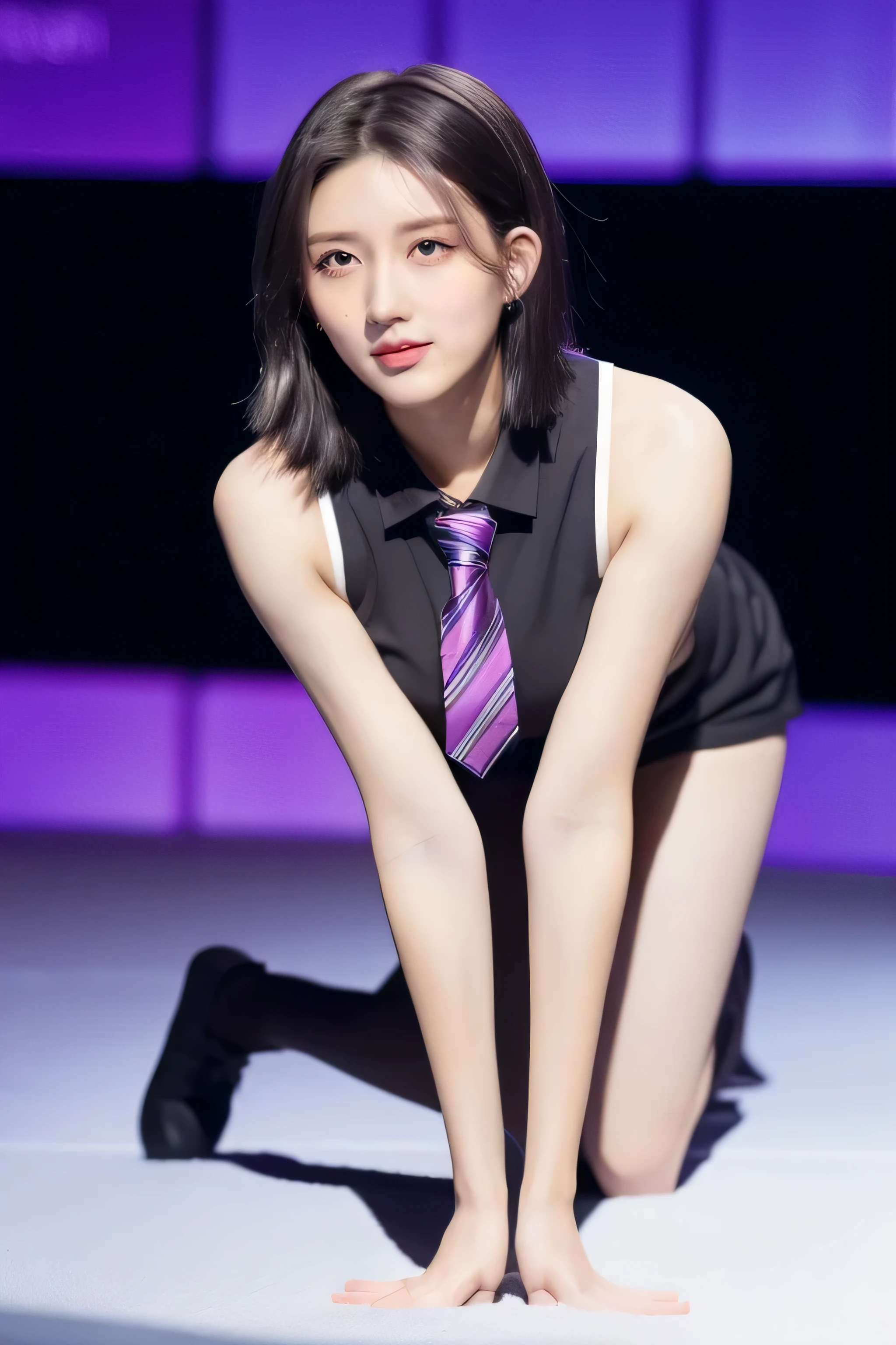 silver half jacket and black short necktie based on live of IVE, (leaning forward and all fours on the stage:1.3), full body, midriff peek, bob cut,
