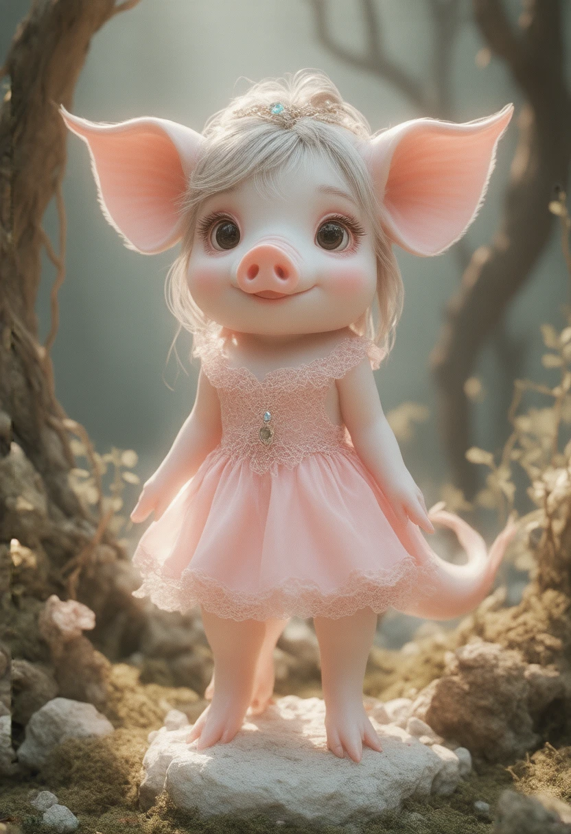 a cute pig girl, 1girl, extremely detailed face, beautiful detailed eyes, beautiful detailed lips, long eyelashes, pig ears, pig snout, wearing a pink dress, pig tail, standing in a fantasy meadow, (best quality, 4k, 8k, highres, masterpiece:1.2), (realistic, photorealistic, photo-realistic:1.37), digital art, highly detailed, intricate details, vibrant colors, warm lighting, natural environment, magical, whimsical, cute, adorable