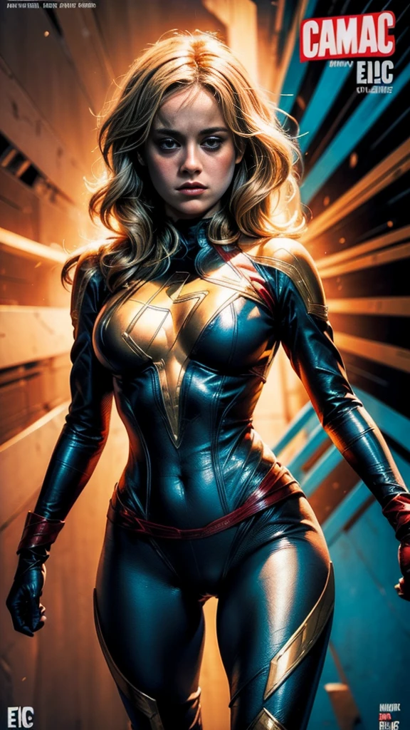 Cinematic. (((A comic style, cartoon art))). (Brie Larson face)  as Ms. Marvel Posing for photo (((in epic heroic pose))) , Brie Larson wearing his iconic black  uniform,  (((Hot Body, camel toes))). ((((Abstract Comic background )))) , vivid colors, detailed, detailed face, realistic shadows and bright, glowing, (big breasts), (upper body shot)